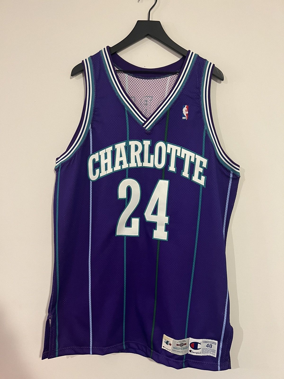 Image of Champion x Vintage Scott Burrell Charlotte Hornets Pro Cut Jersey 48 + 3 in Purple (Size Large)