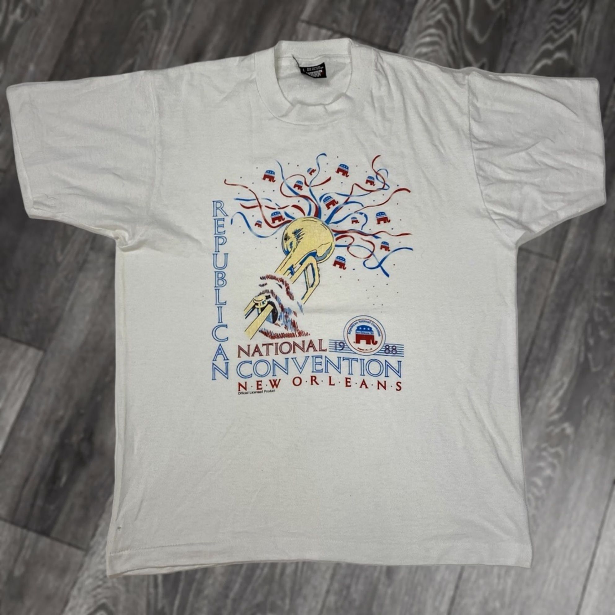 Vintage VTG Republican Convention 1988 T-shirt Men Medium 80s Single Stitch White Graphic Print Crew Neck Storm Screen Stars 80s POLITICS USA Vintage Mens Size US M / EU 48-50 / 2 - 1 Thumbnail