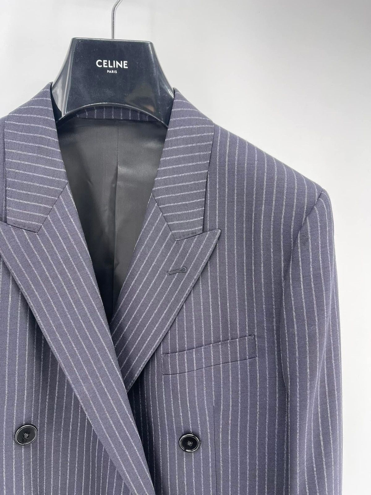 Celine × Hedi Slimane 22SS Double Breasted Navy Chalk Stripe Suit Wool Rectangle Size 44R - 3 Thumbnail