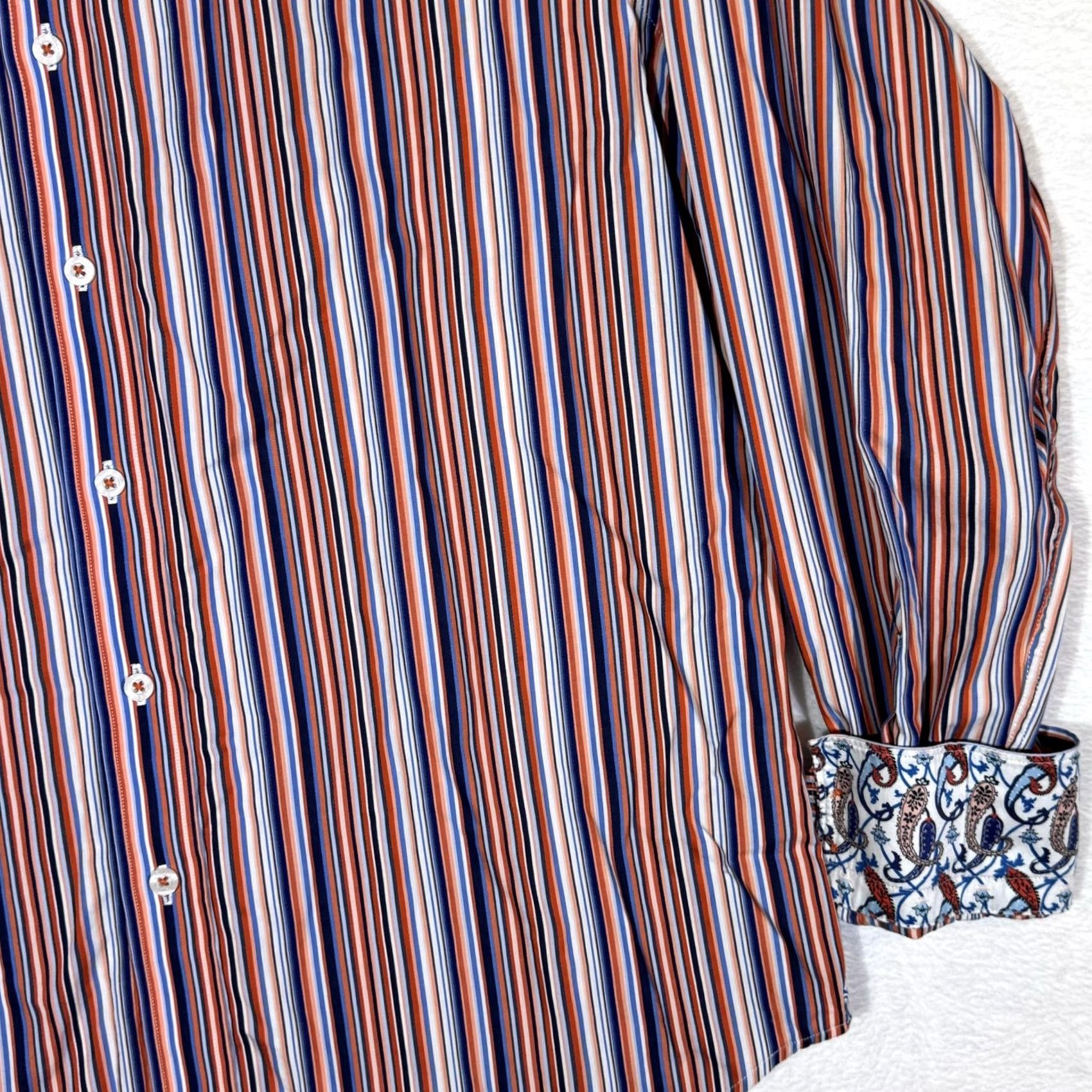 Robert Graham Robert Graham Shirt Mens XL Orange Blue Stripe Long Sleeve Paisley Contrast Cuff Size US XL / EU 56 / 4 - 6 Thumbnail