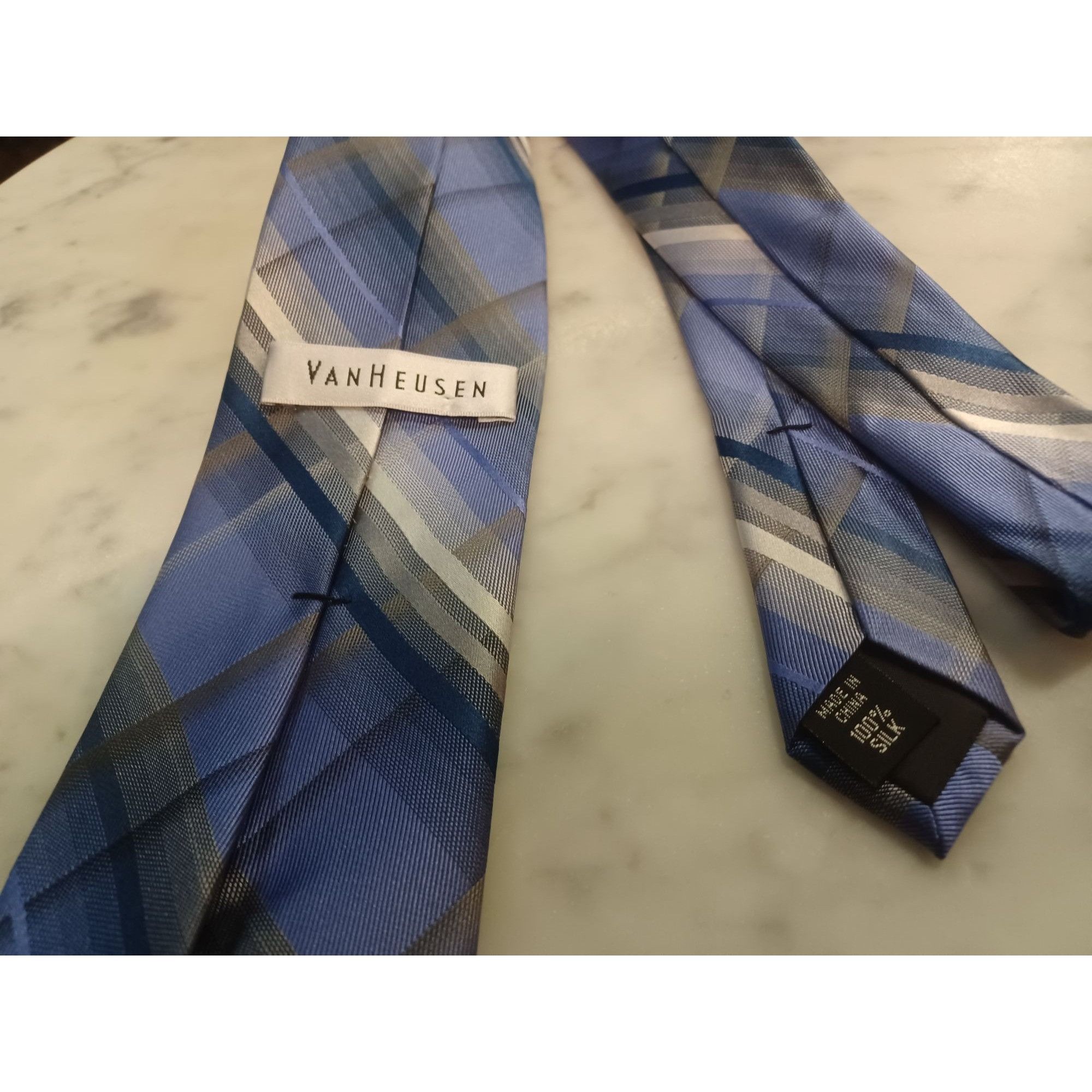 Van Heusen Van Heusen 100% Silk Men's Tie Purple Plaid Size ONE SIZE - 3 Thumbnail
