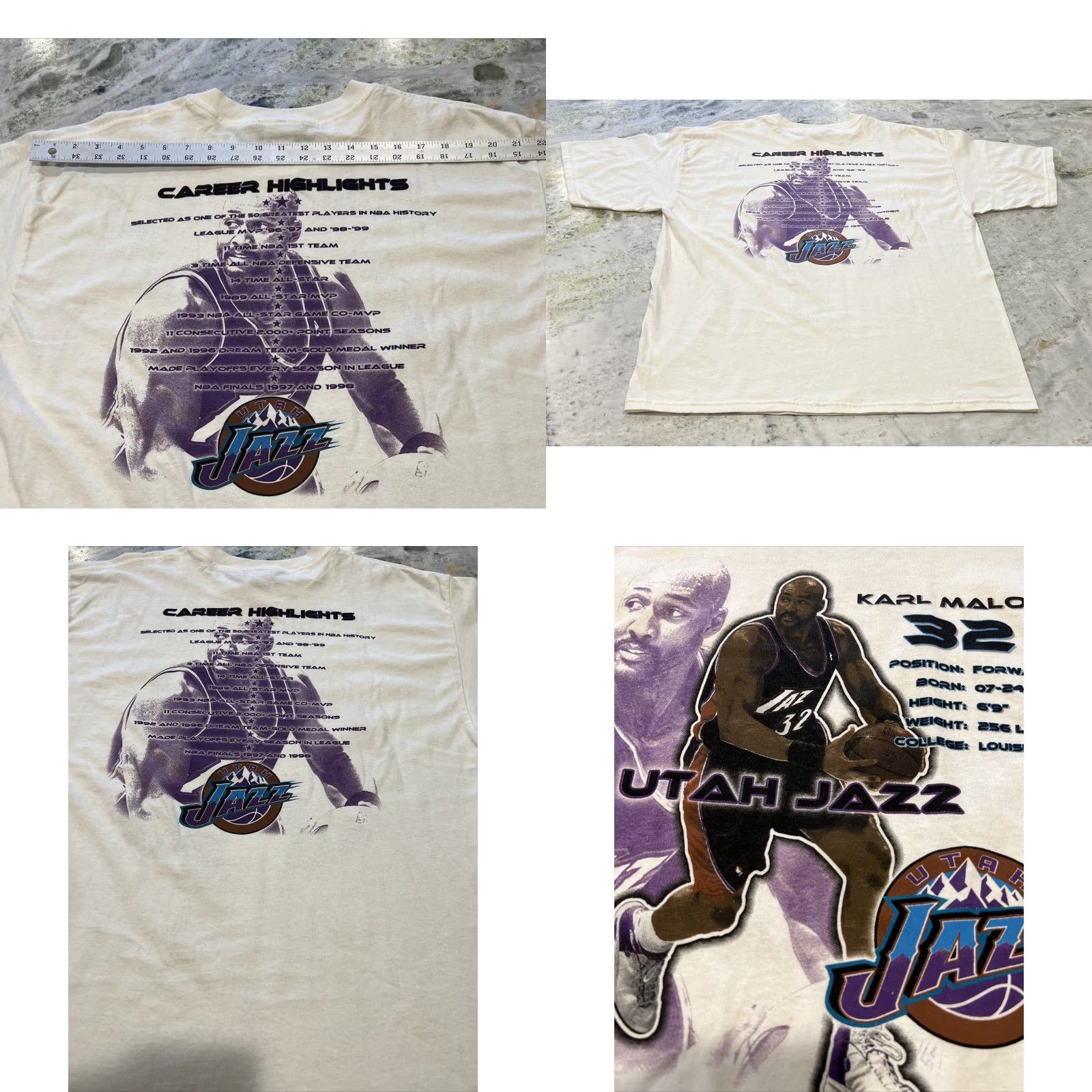 NBA VINTAGE Utah Jazz T Shirt Men XL Karl Malone Double Sided Bright Graphic Print NBA Shirt Men XL White 1990s Graphic Tee Mens NBA Sportswear/Beach Size US XL / EU 56 / 4 - 8 Thumbnail
