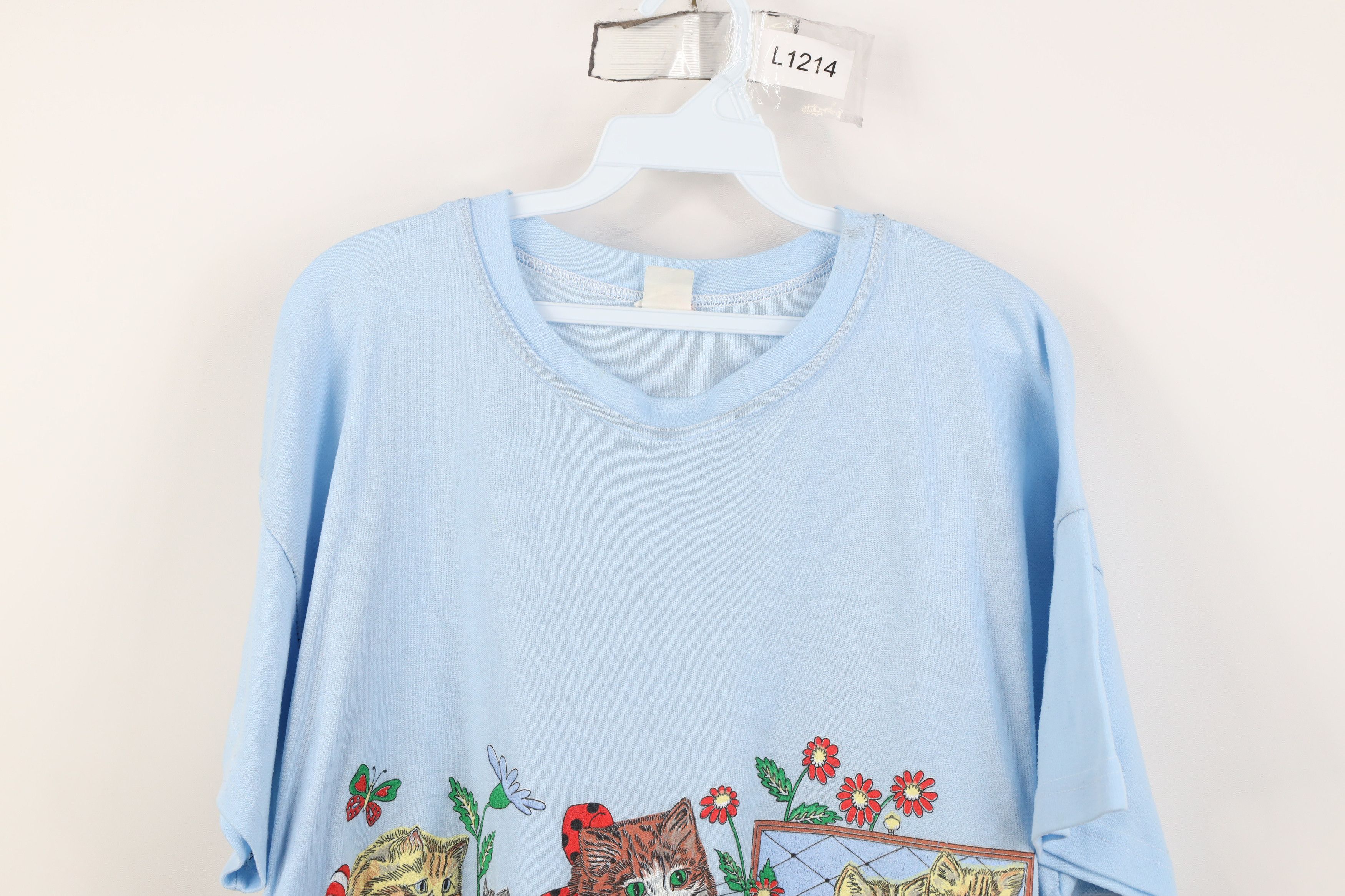 Vintage Vintage 90s Streetwear Cat Kitten Flower Night Sleep T-Shirt Size ONE SIZE - 2 Thumbnail