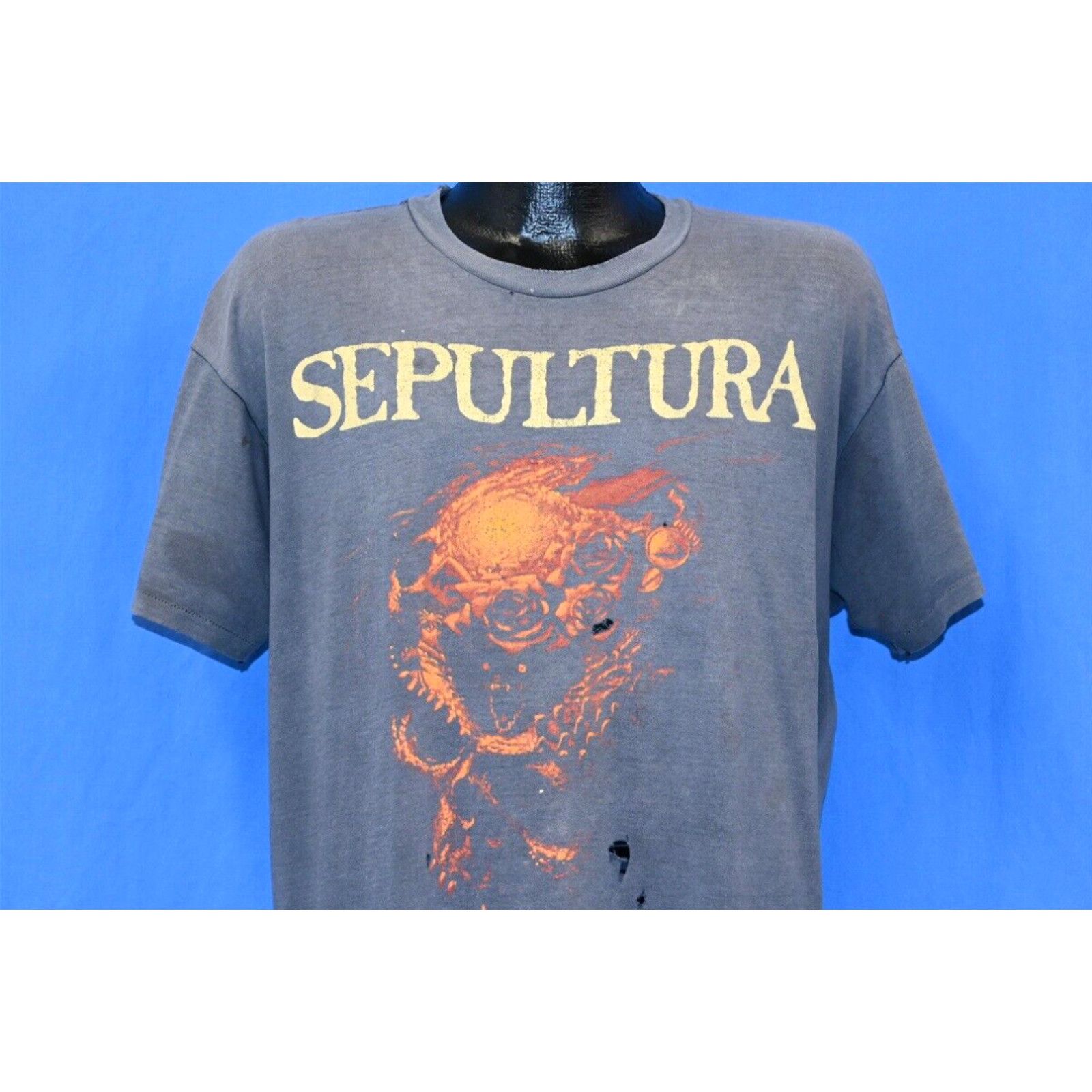 image of Hanes Vintage 80's Sepultura Beneath The Remains Tour 1989 Faded Distressed T-Shirt XL in White