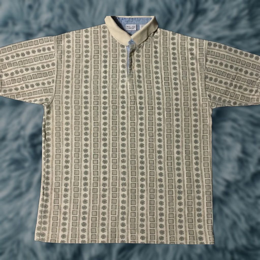 Bugle Boy VINTAGE Bugle Boy Polo Shirt L Beige 90s All Over Print, Abstract Aztec Grunge Vaporwave Surf Skate, Short Sleeve, Men, Polo, Rugby, Size L Size US L / EU 52-54 / 3 - 1 Thumbnail