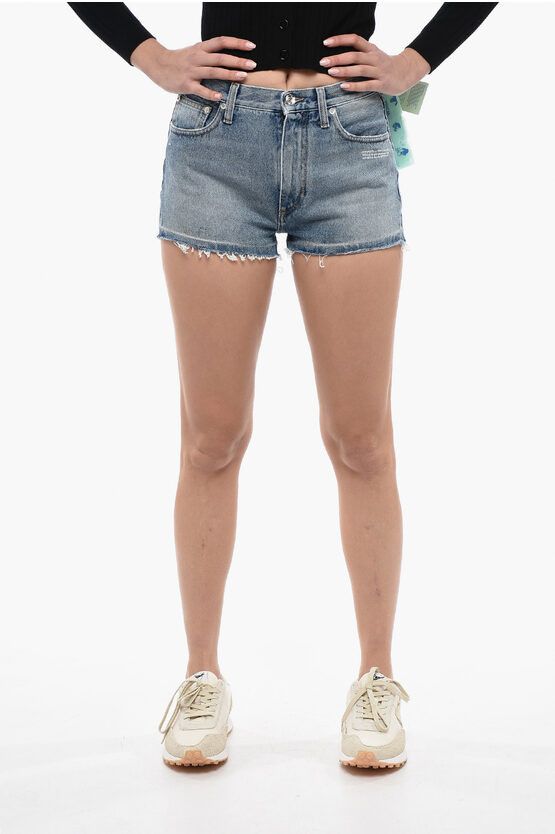 image of Off White Light Wash Corporate Denim Shorts With Raw Cut in Blue, Women's (Size 24)