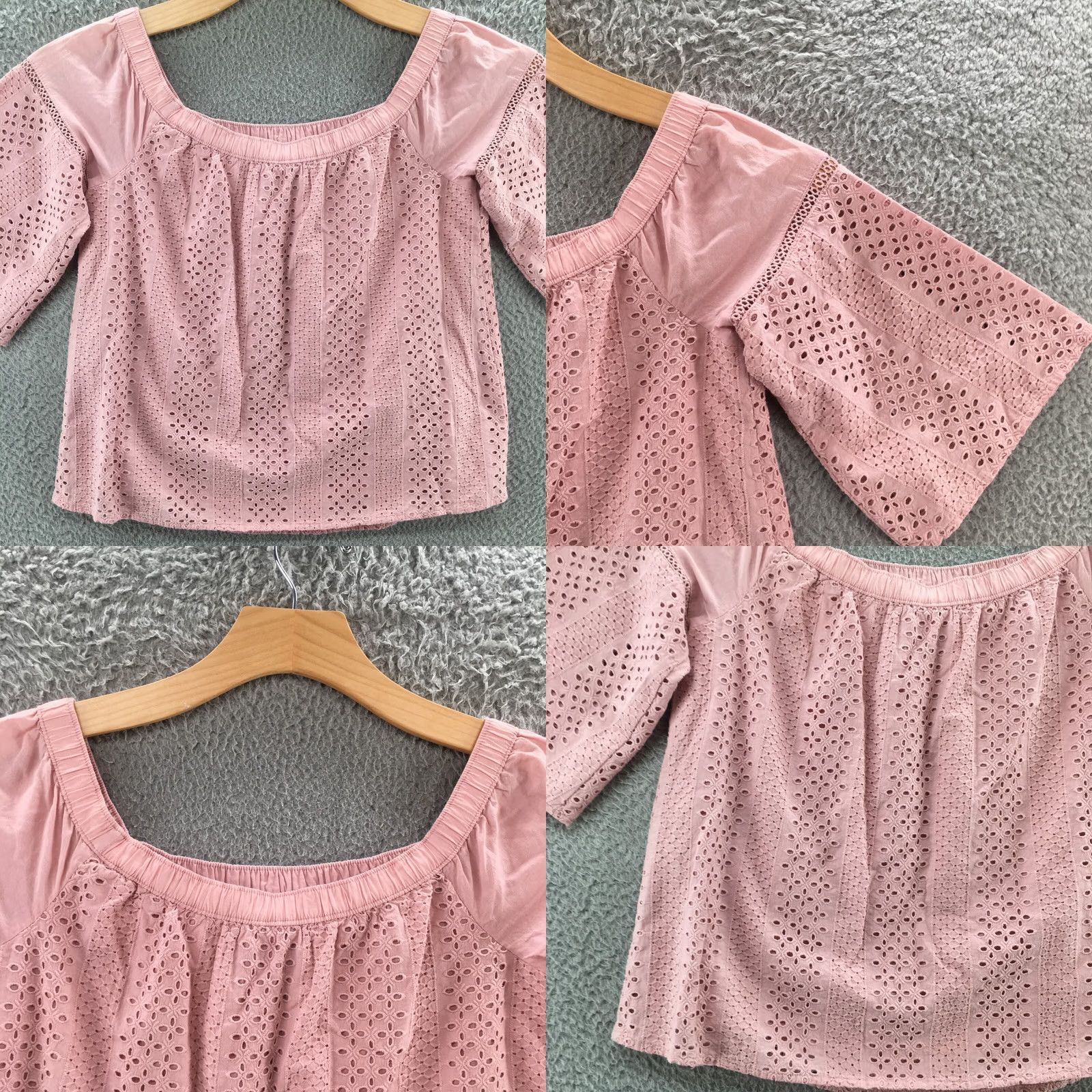 Abercrombie & Fitch Abercrombie & Fitch Off The Shoulder Blouse Top Womens S Pink Eyelet Boho Casual Shirt Short Sleeve Bell Sleeve Regular Fit Womens Size S / US 4 / IT 40 - 9 Thumbnail