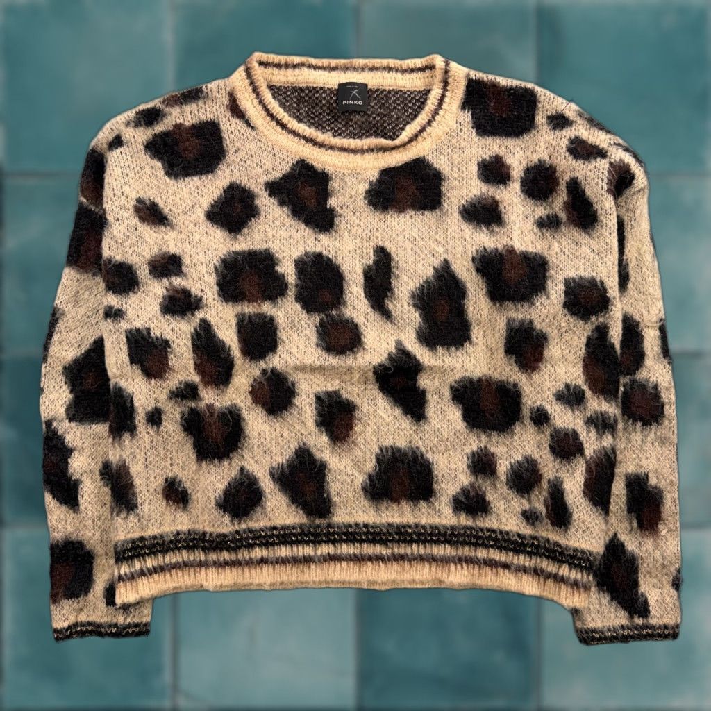 Pinko Pinko Womens Sweater L Beige Cheetah Bright Mohair Wool Knit Long Sleeve Italy Size L / US 10 / IT 46 - 1 Thumbnail
