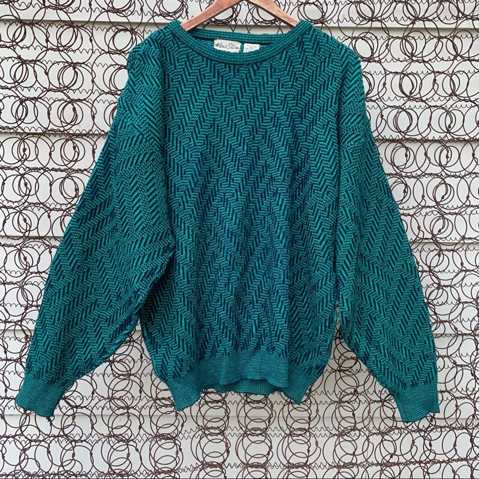 Vintage Vintage Men’s Store Tall chevron pattern teal navy sweater Size L / US 10 / IT 46 - 2 Thumbnail