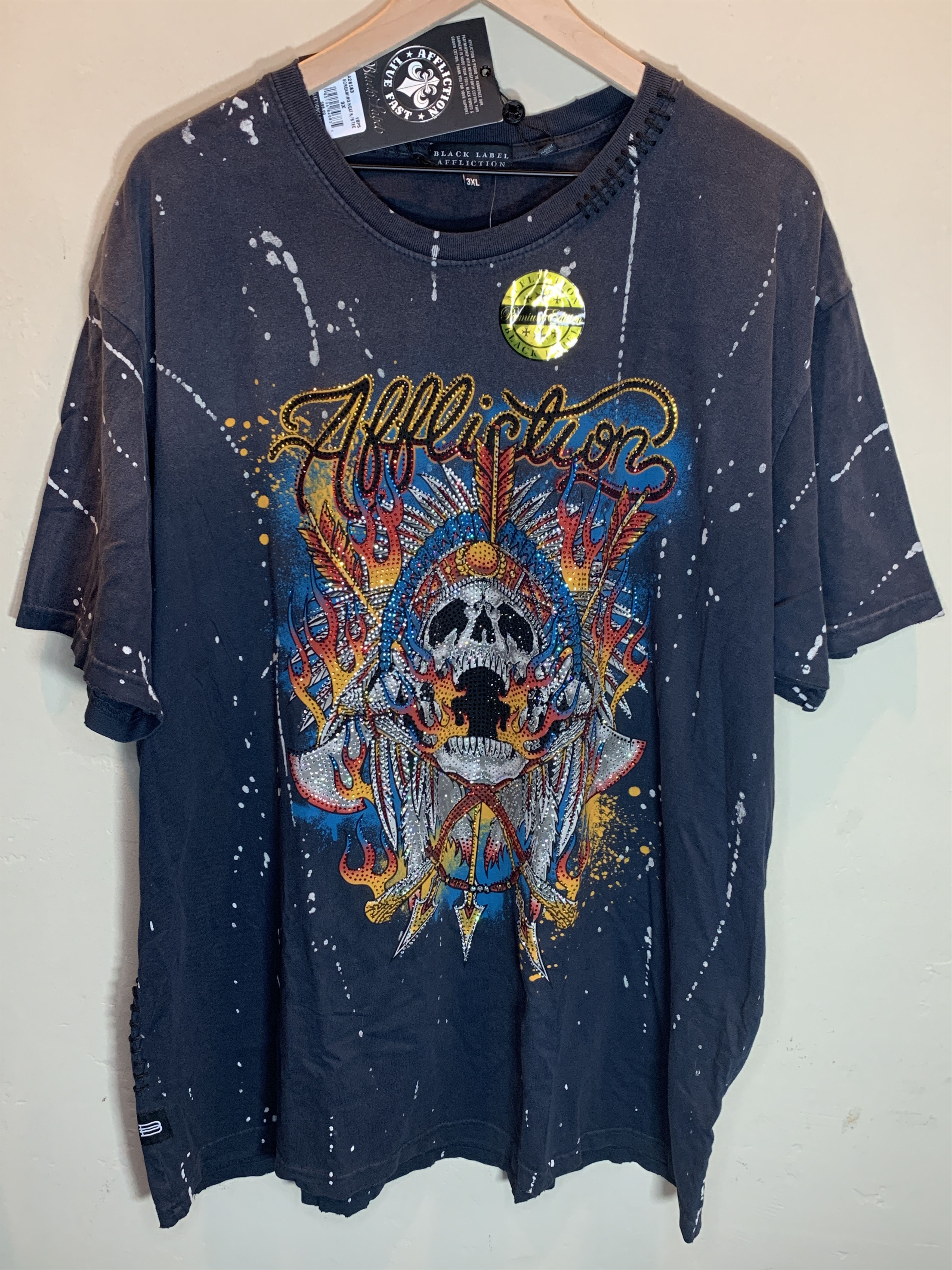 Affliction RARE* New Affliction Black Label Rhinestone Distressed Shirt Size US XXL / EU 58 / 5 - 1 Thumbnail