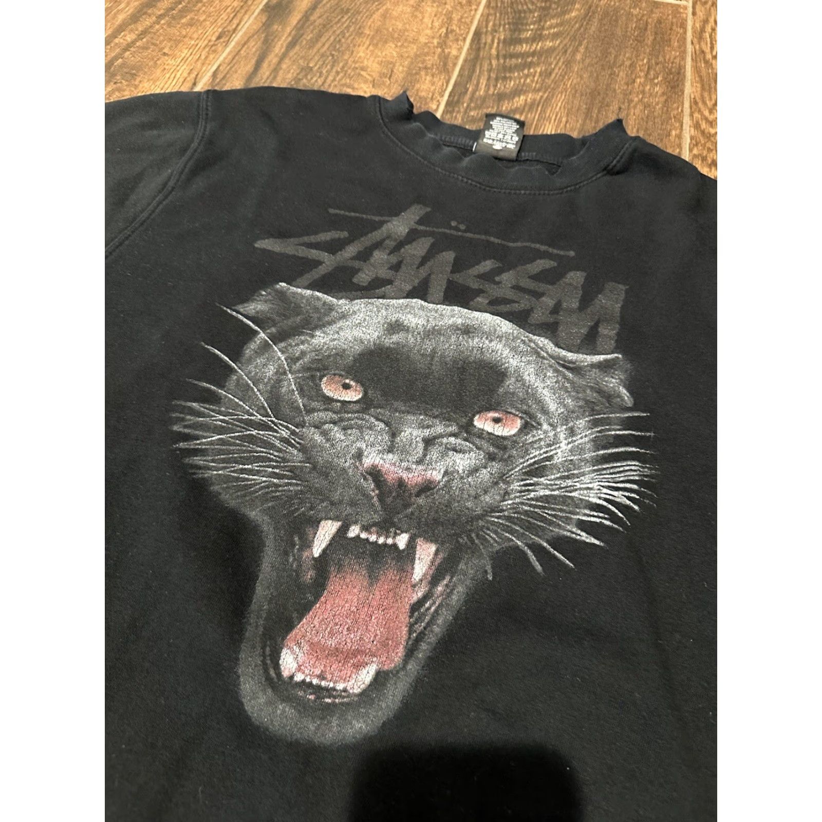 Vintage Stussy VTG Black Panther Graphic Spellout Crewneck Sweatshirt M Black USA Mens Distressed Size US 31 - 5 Thumbnail
