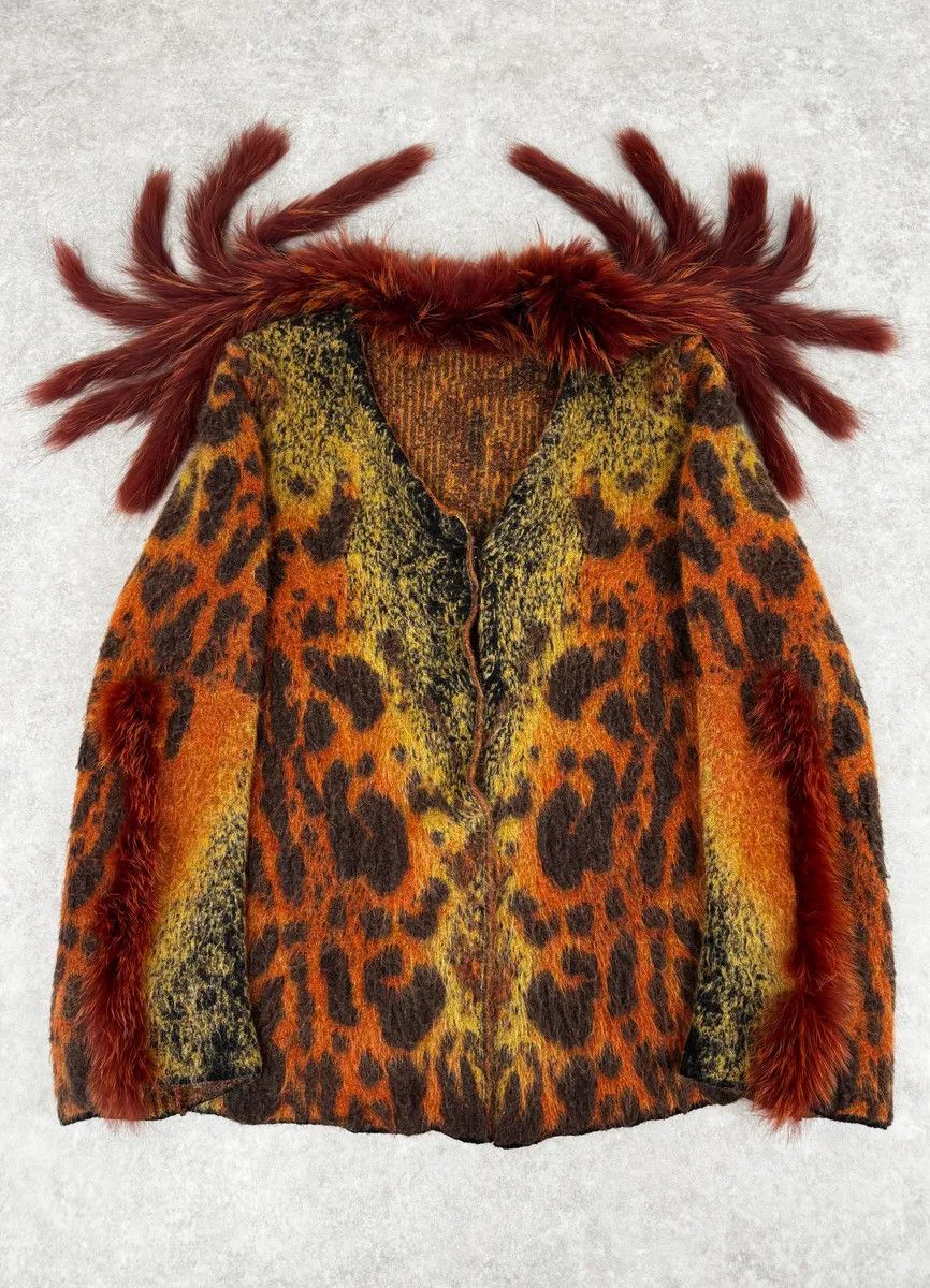 Roberto Cavalli 2000s Roberto Cavalli Vulcano Orange Leopard Fur Collar Mohair & Wool Cardigan Jacket Size M / US 6-8 / IT 42-44 - 2 Thumbnail