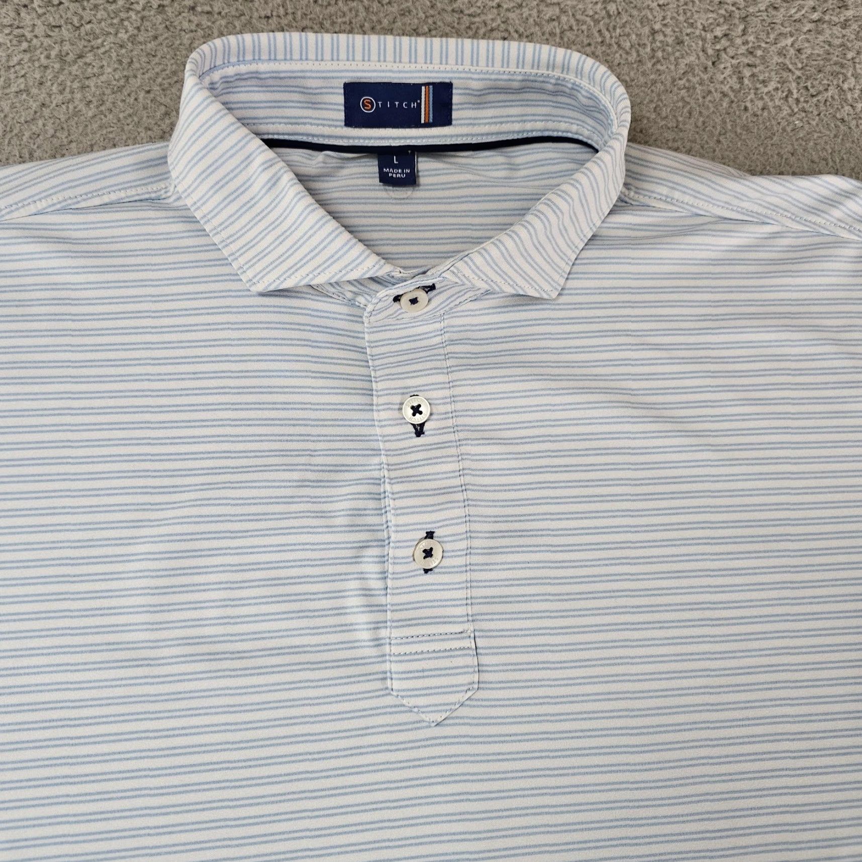 Vintage Stitch Polo Shirt Mens Large Light Blue White Stripe Performance Golf Stretch Size US L / EU 52-54 / 3 - 2 Thumbnail