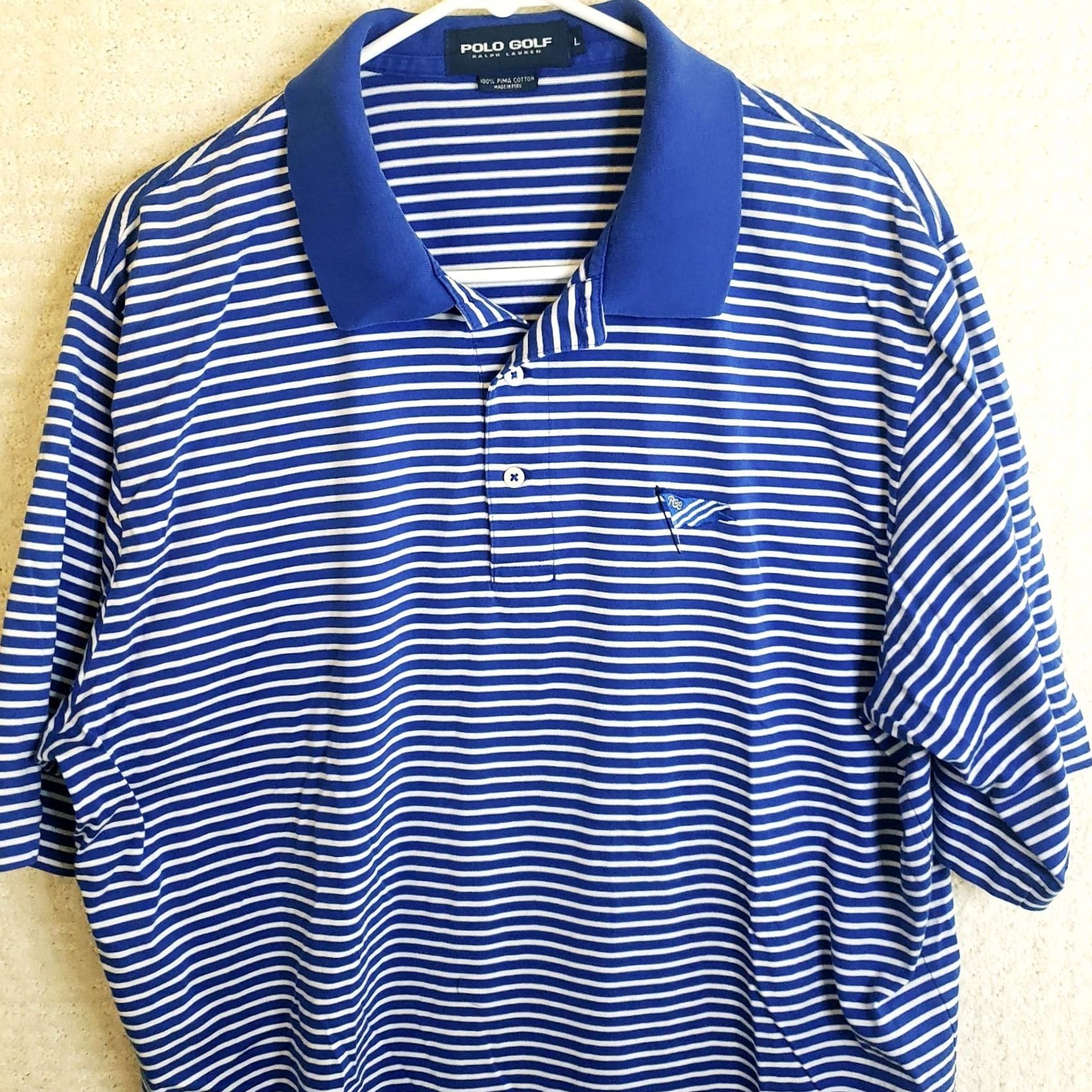 Ralph Lauren VINTAGE Polo Golf Ralph Lauren Pima Cotton Shirt Men's L Blue Stripe SS Flag Logo Size US L / EU 52-54 / 3 - 2 Thumbnail