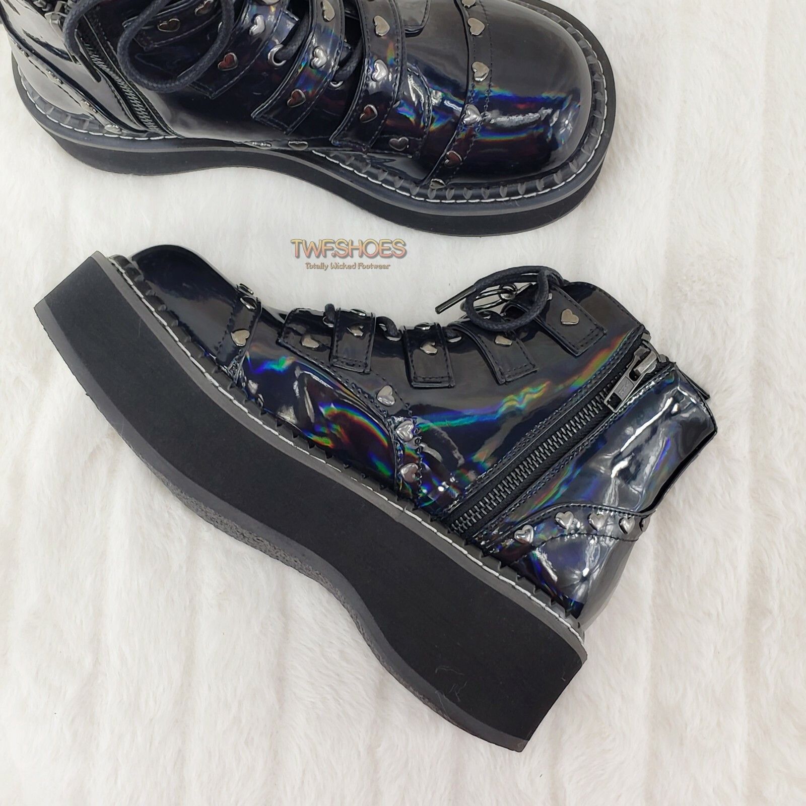 Demonia Cult DEMONIA Emily 315 Black Holo Patent Heart Stud Platform Ankl Size US 7 / IT 37 - 7 Thumbnail