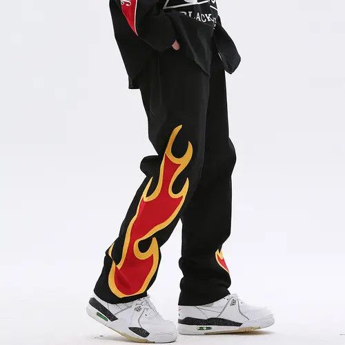image of Fire Flame Graphic Black Denim Jeans, Men's (Size 32)