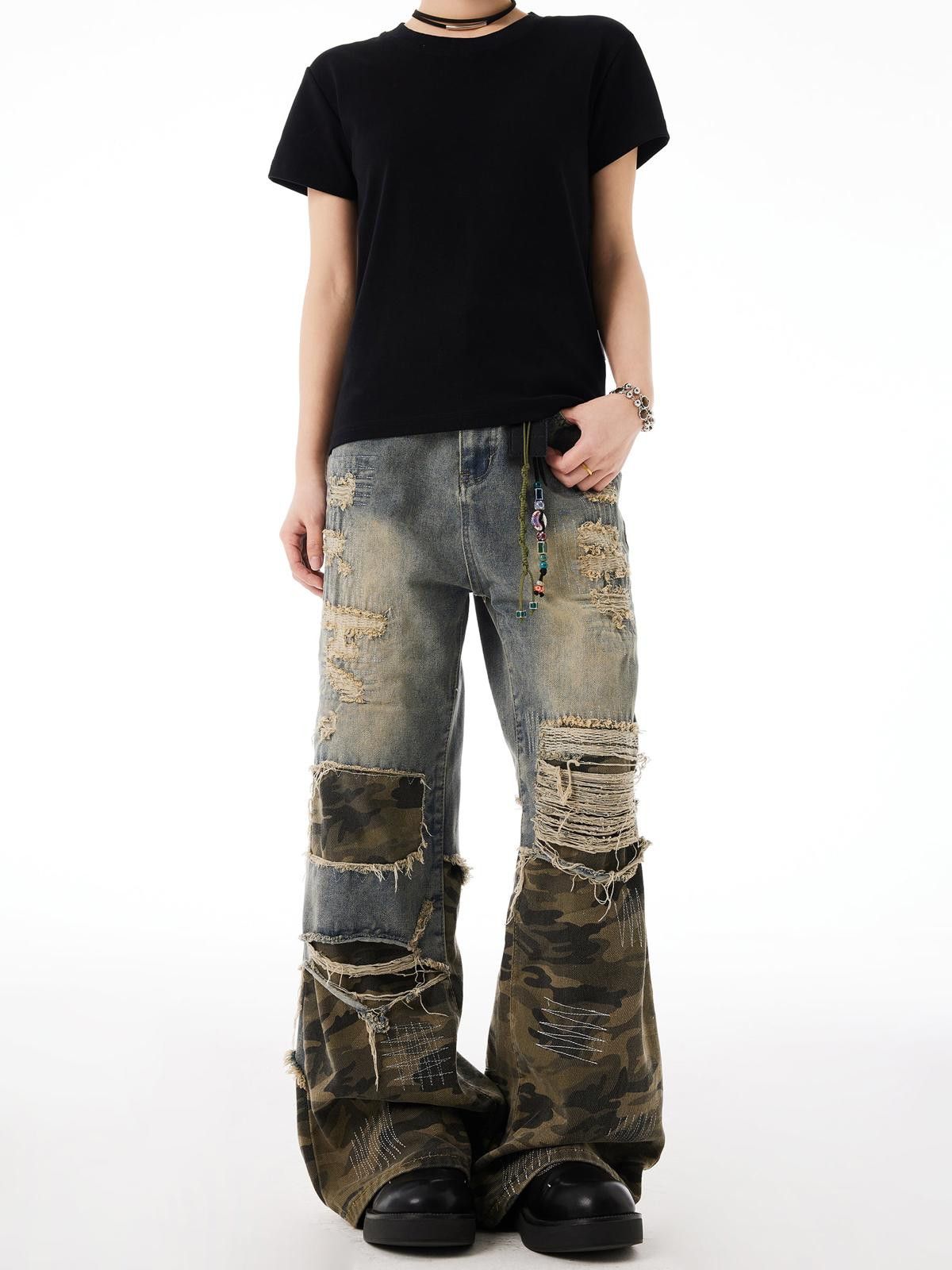 Camouflage Patchwork Distressed Jeans