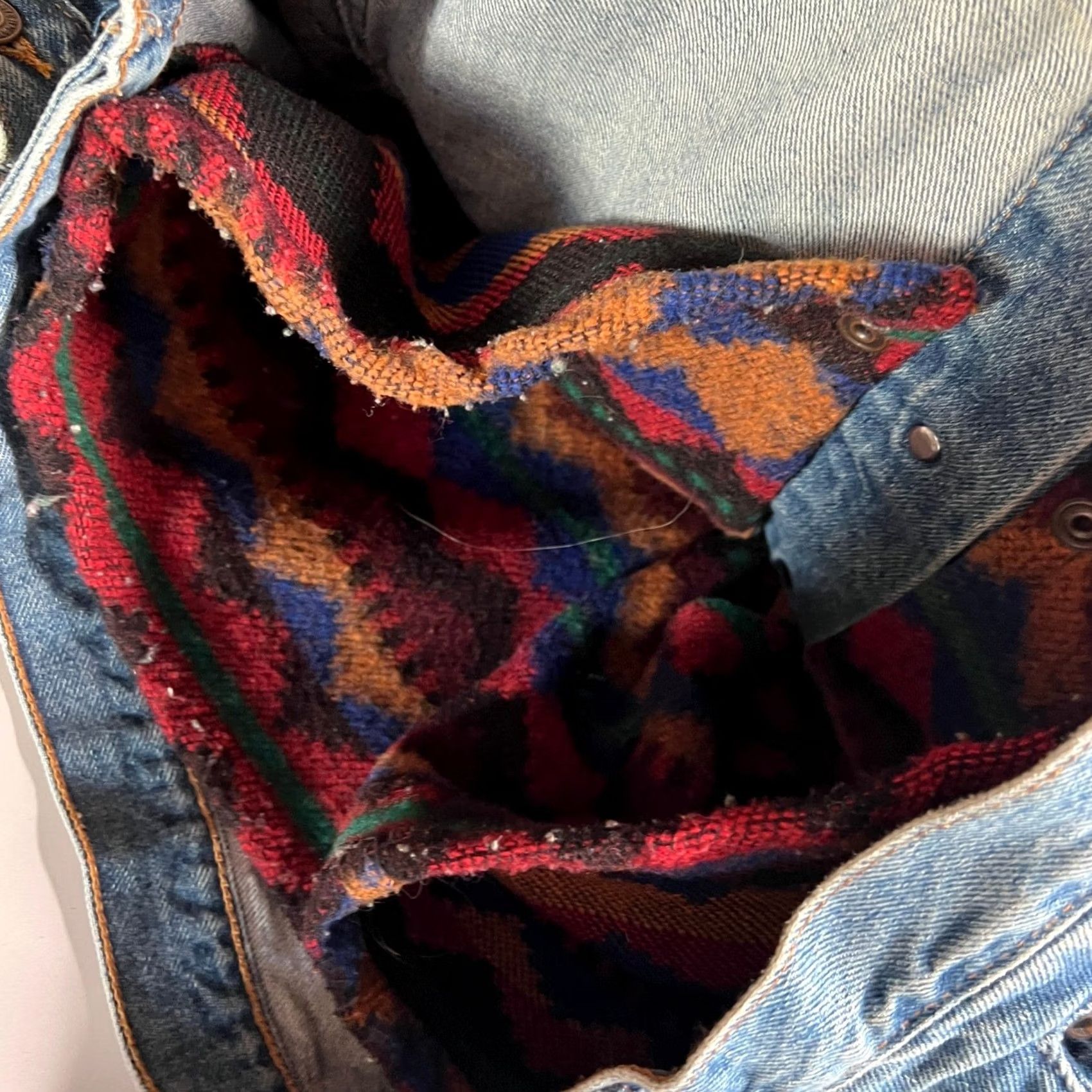 Vintage VINTAGE International Denim ID Wear Trucker Jacket Leather Collar Embroidered Geometric Mickey? Size US M / EU 48-50 / 2 - 6 Thumbnail