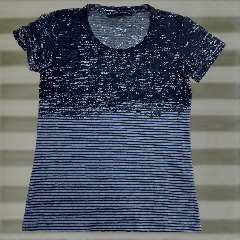 Allsaints VINTAGE AllSaints Women's Zane Rok Tee Striped Short Sleeve Crew Neck Pullover Casual Size S Gray Cotton Blend Knit Sold Regular Women’s Size S / US 4 / IT 40 - 1 Thumbnail