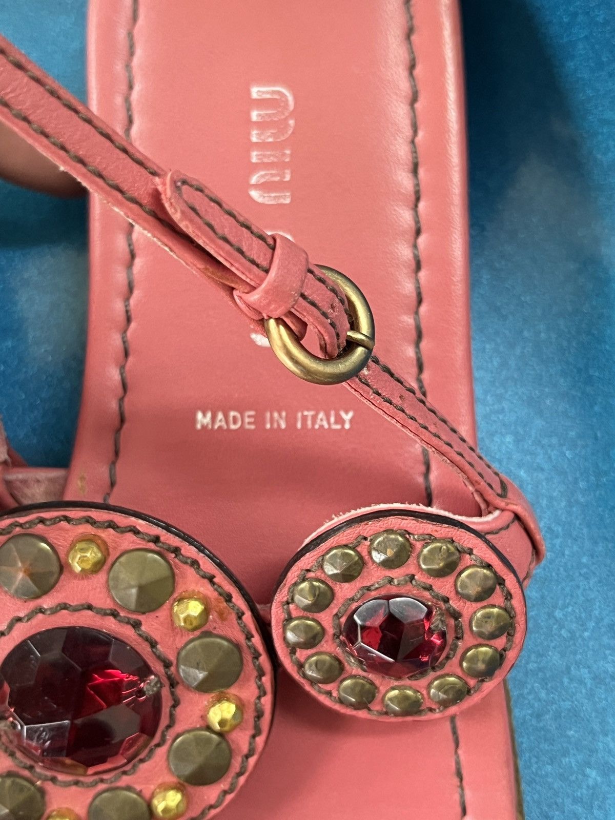 Prada Miu Miu Rare T-Strap Gemstud Leather Sandals Size US 5 / IT 35 - 7 Thumbnail