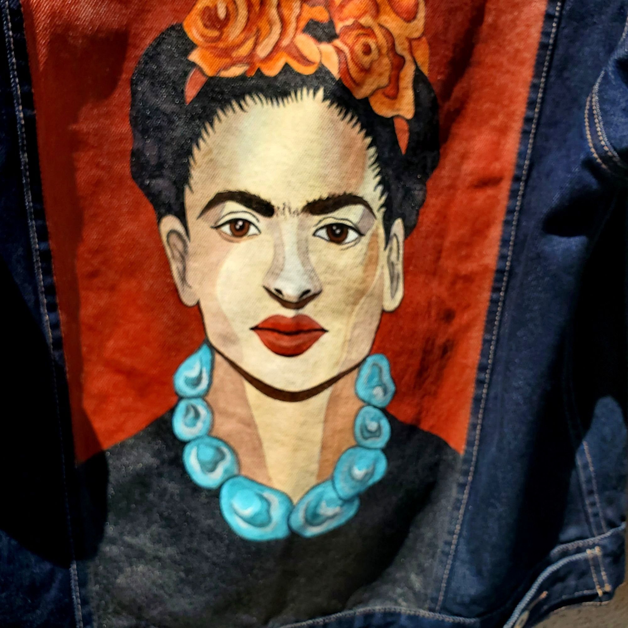 Handmade Frida Kahlo Y2K Portrait Denim Trucker Jacket Hand Painted W Size L / US 10 / IT 46 - 9 Thumbnail