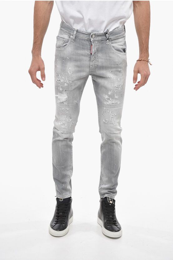 image of Dsquared2 Distressed Skater Fit Denims With Rhinestones 16Cm in Grey, Men's (Size 32)