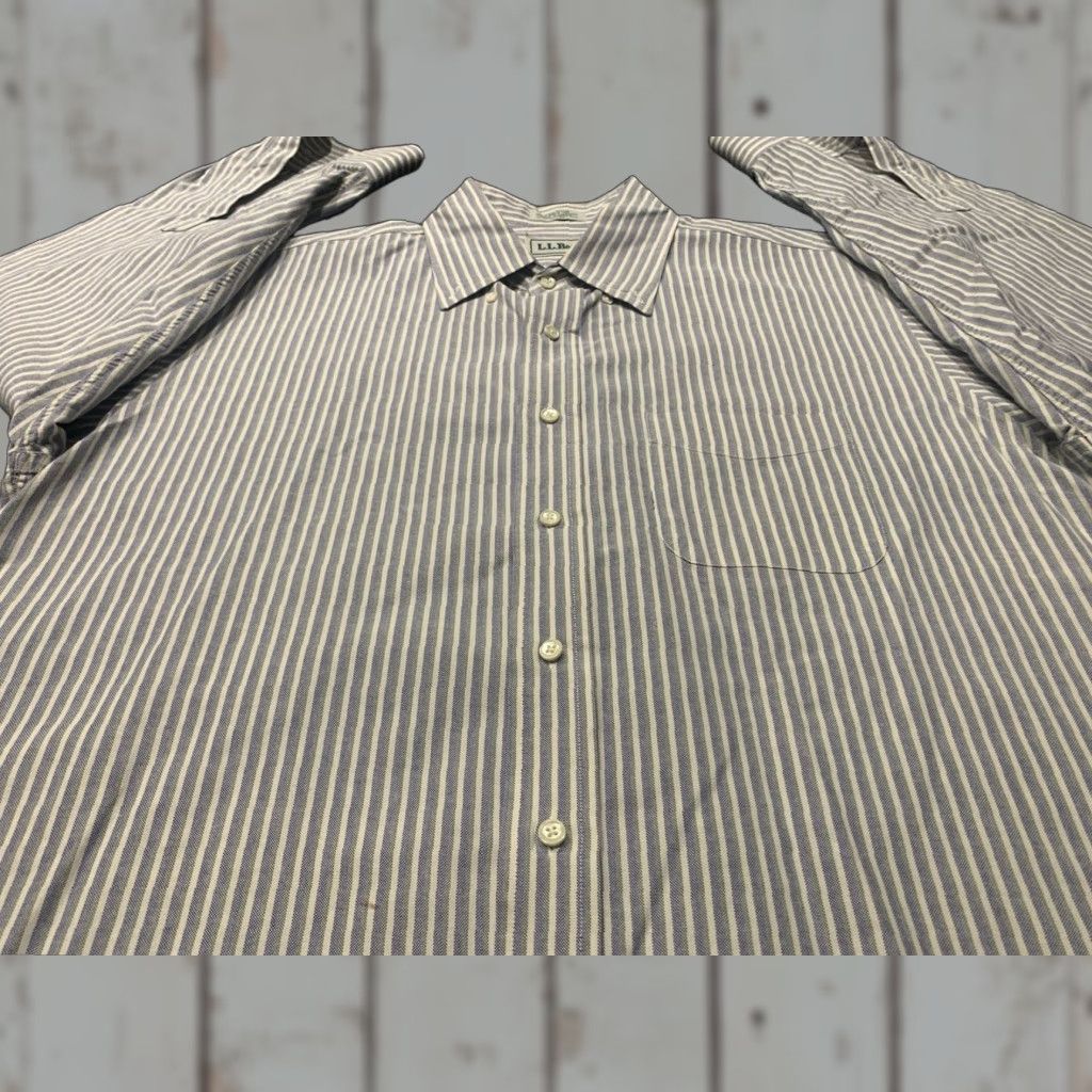 Vintage L.L. Bean Men's Dress Shirt - Blue & White Striped Cotton Button-Up, Classic Fit, Long Sleeve, Wrinkle Resistant, Size 17 Size 46R - 1 Thumbnail