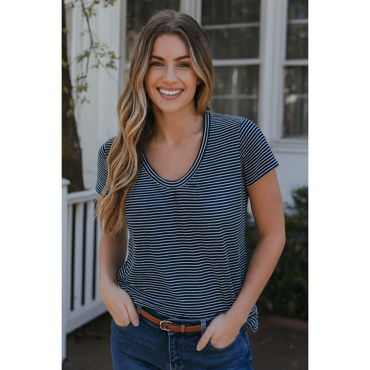 Liz Claiborne Liz Claiborne Striped Short Sleeve T-Shirt | Size S Blue Whi Size S / US 4 / IT 40 - 4 Thumbnail