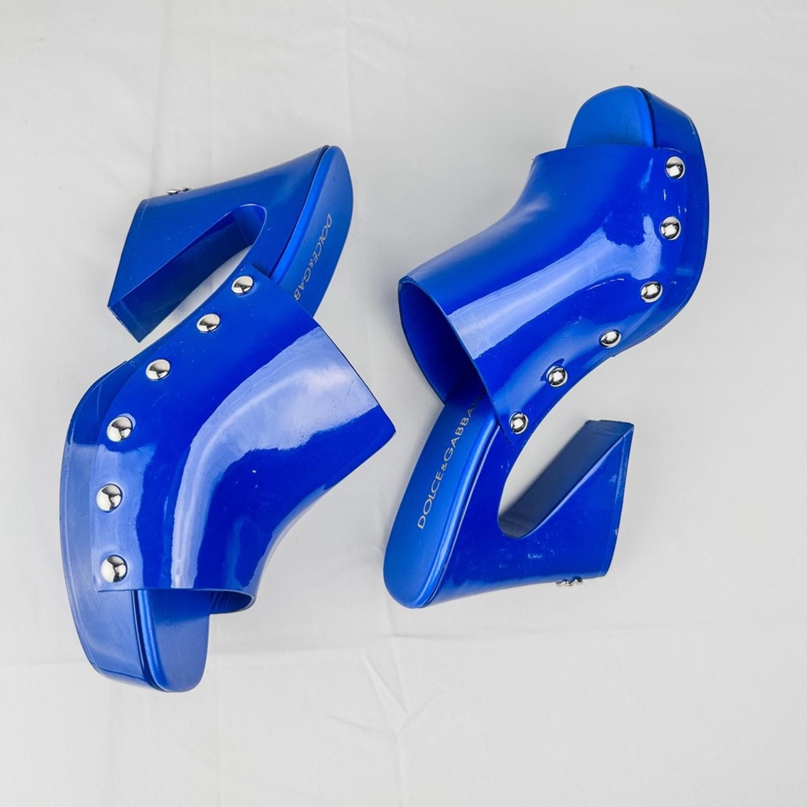 Dolce & Gabbana Blue Patent Leather Studded Platform Clog Mules EU 39 Size US 8.5 / IT 38.5 - 6 Thumbnail