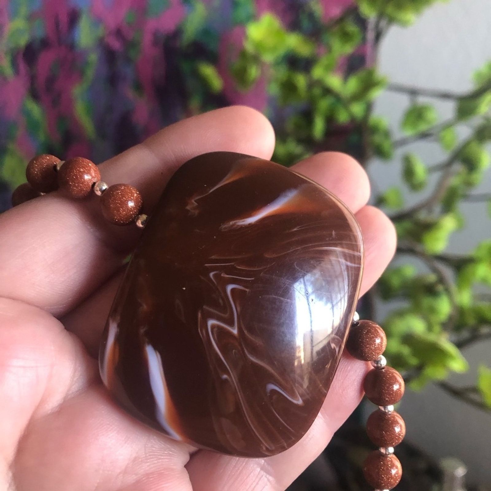 Handmade Handcrafted large marble medallion goldstone bead necklac Size ONE SIZE - 2 Thumbnail