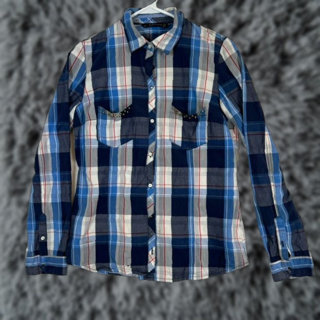 Zara VINTAGE Zara Trafaluc Shirt Womens M Plaid Spiked Pockets 100% Cotton Grunge Blue Safe? Size M / US 6-8 / IT 42-44 - 1 Thumbnail
