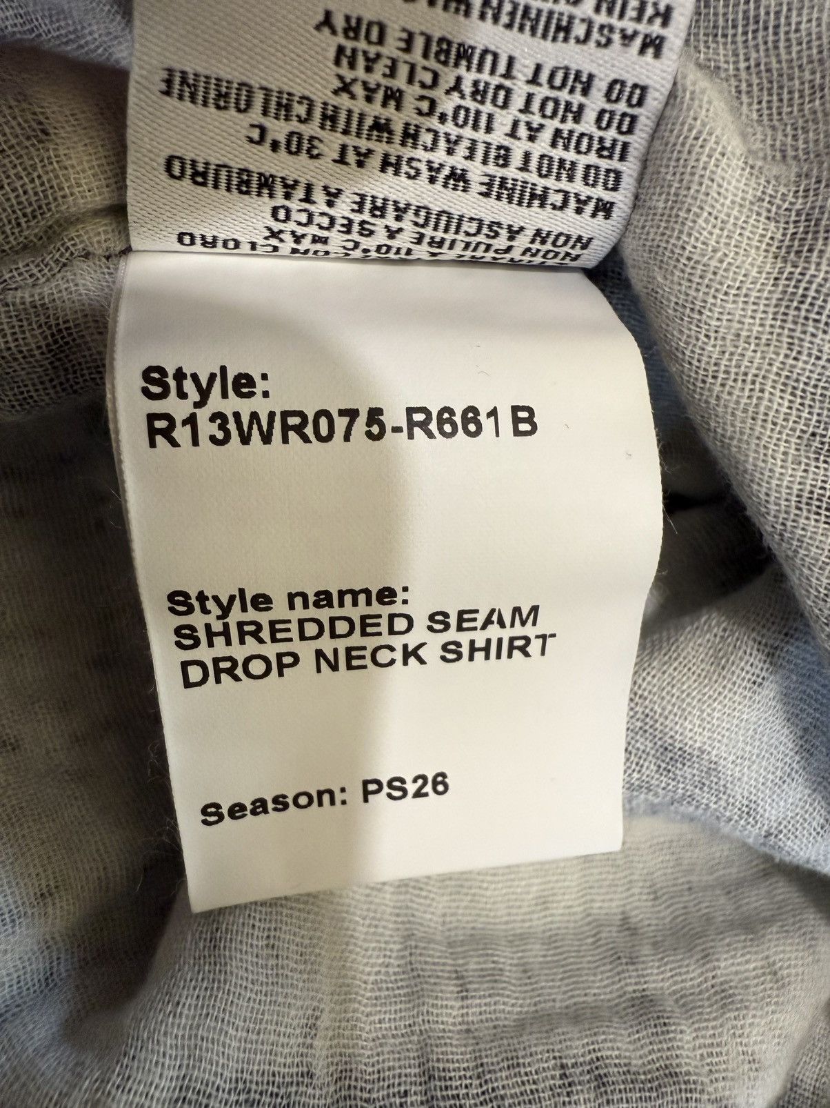R13 SHREDDED SEAM DROP NECK SHIRT
