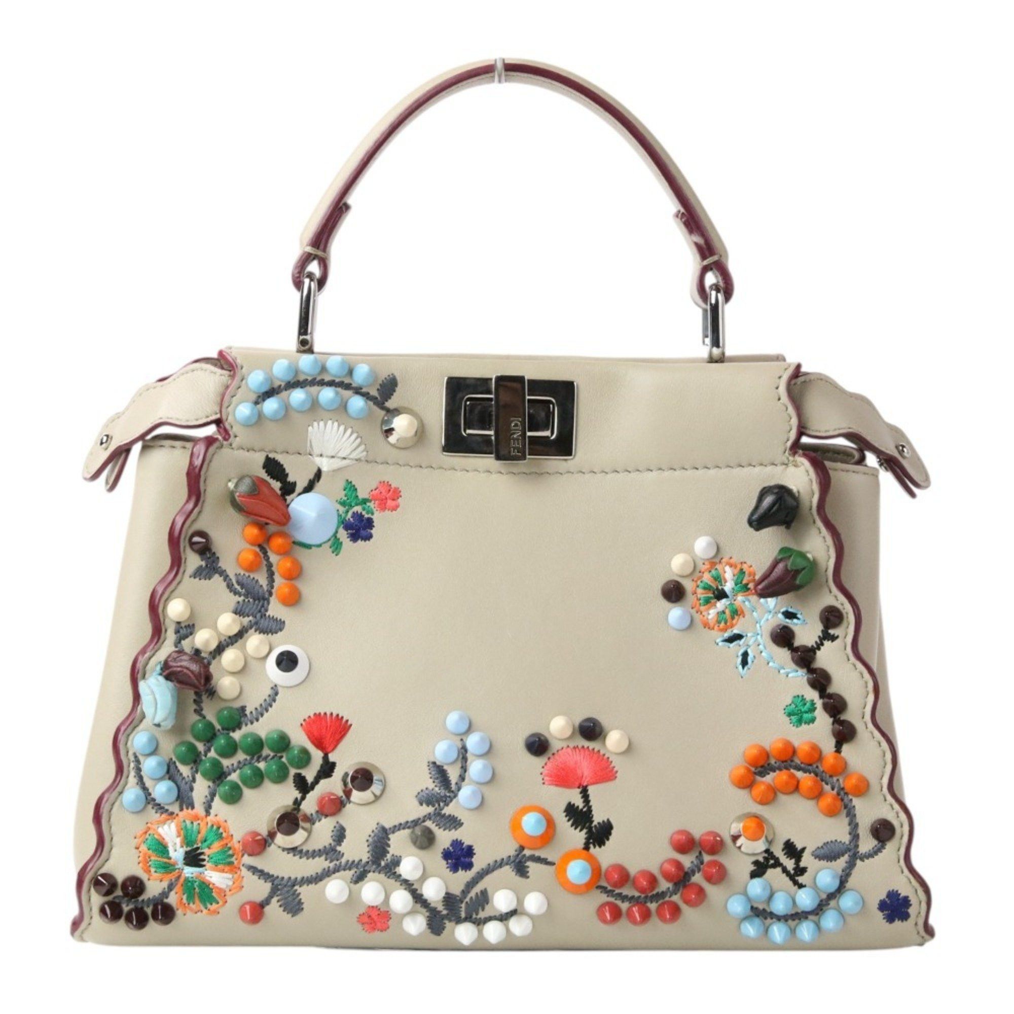 Fendi Peekaboo Mini Flower Studs 2Way Handbag Shoulder Bag 8Bn244 9D9 Fy9G Greige Women's