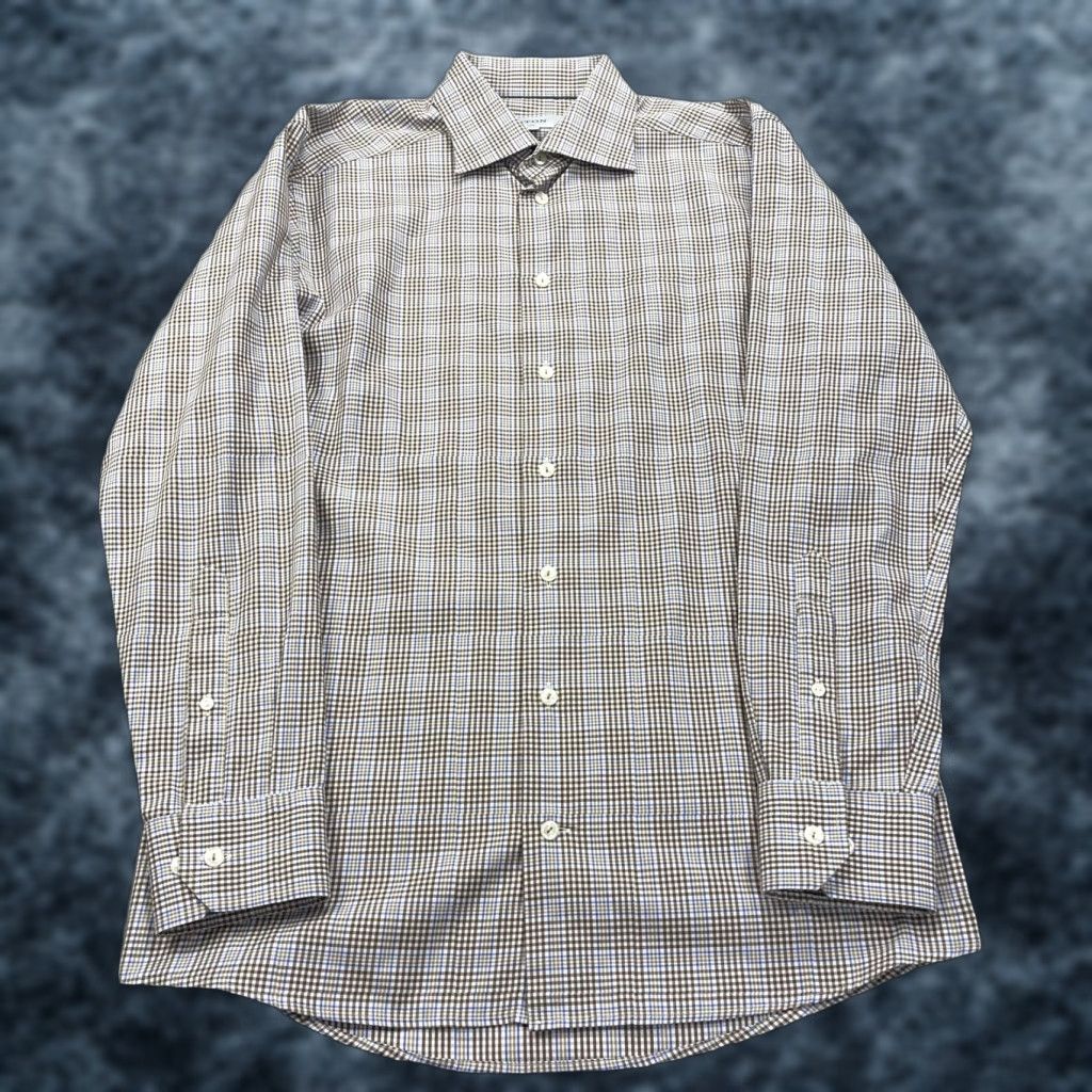 Eton Eton Shirt Mens 16 41 L Brown Blue Gingham Slim Cotton Button Down Dress Shirt Size 42R - 1 Thumbnail