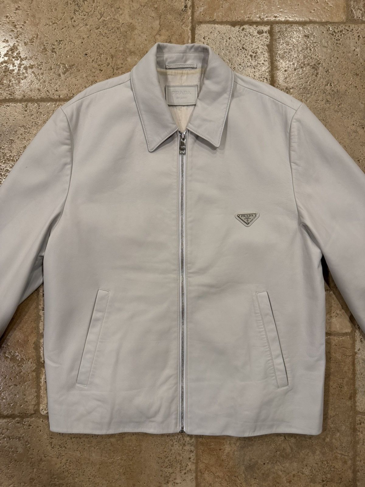 Prada Prada Nappa White / Light Grey Leather Zip Up Blouson Jacket Size US L / EU 52-54 / 3 - 5 Thumbnail