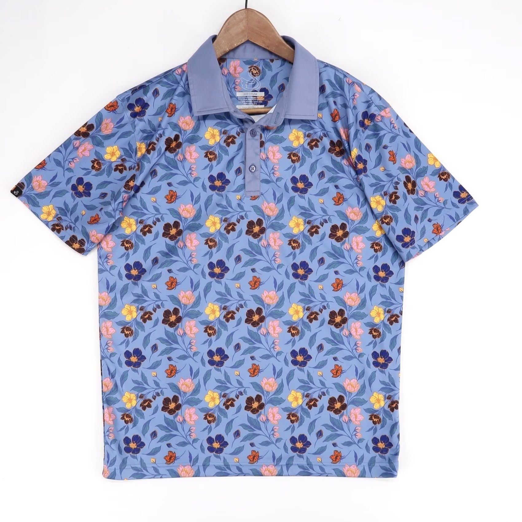 Vintage Swannies Polo Shirt Mens M Blue Floral Golf Performance Short Sleeve Stretch Size US M / EU 48-50 / 2 - 2 Thumbnail