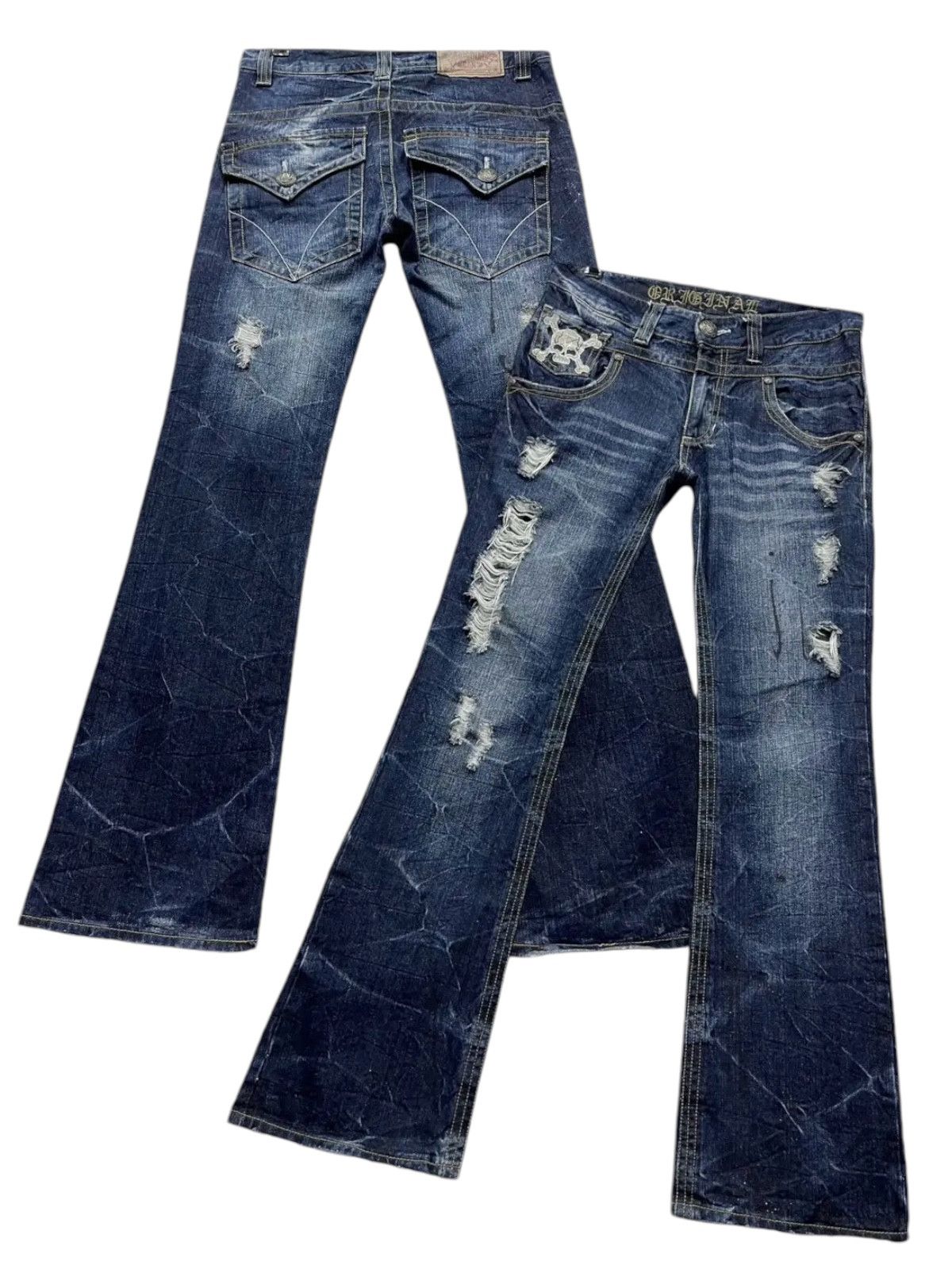 Japanese Brand × Vintage FLARE🔥Skull Embroidery Distressed Ripped Denim Pants Size US 31 - 1 Thumbnail