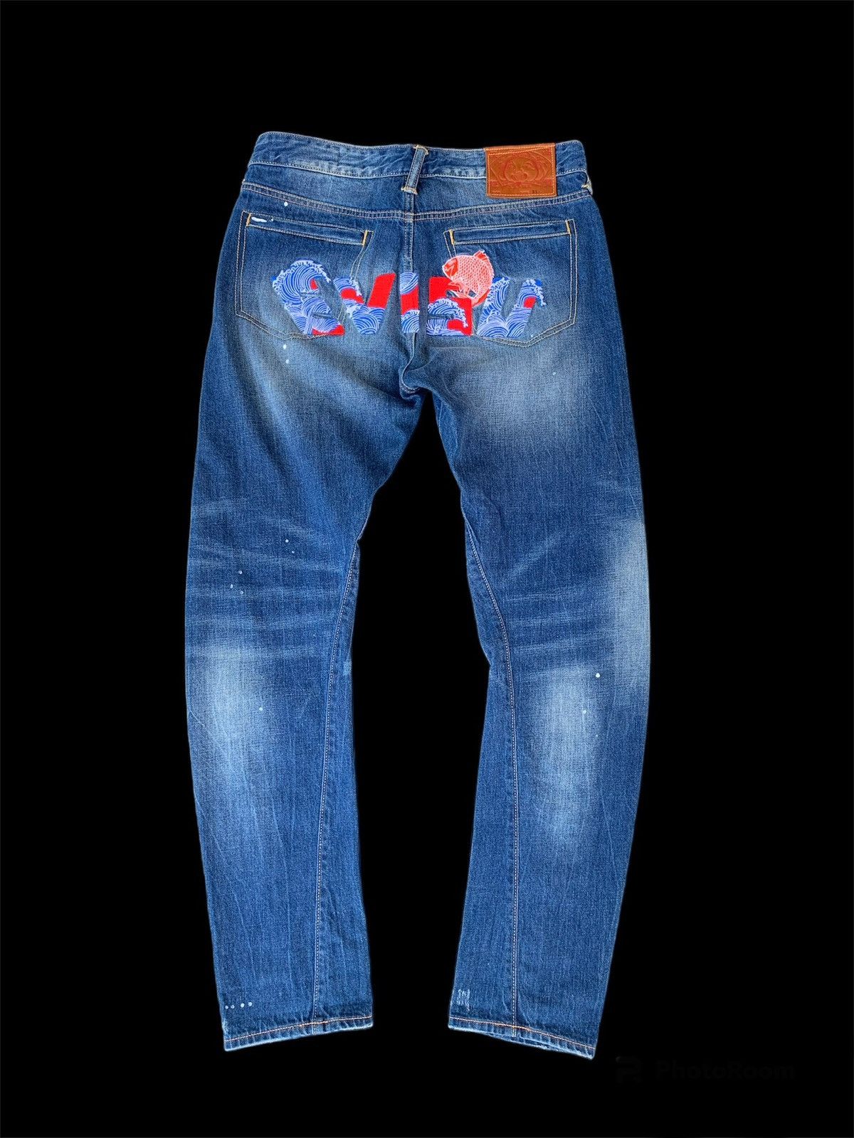 Image of Archival Clothing x Evisu Distressed Patched Painter Embroided Fish Logo Denim in Blue (Size 31)