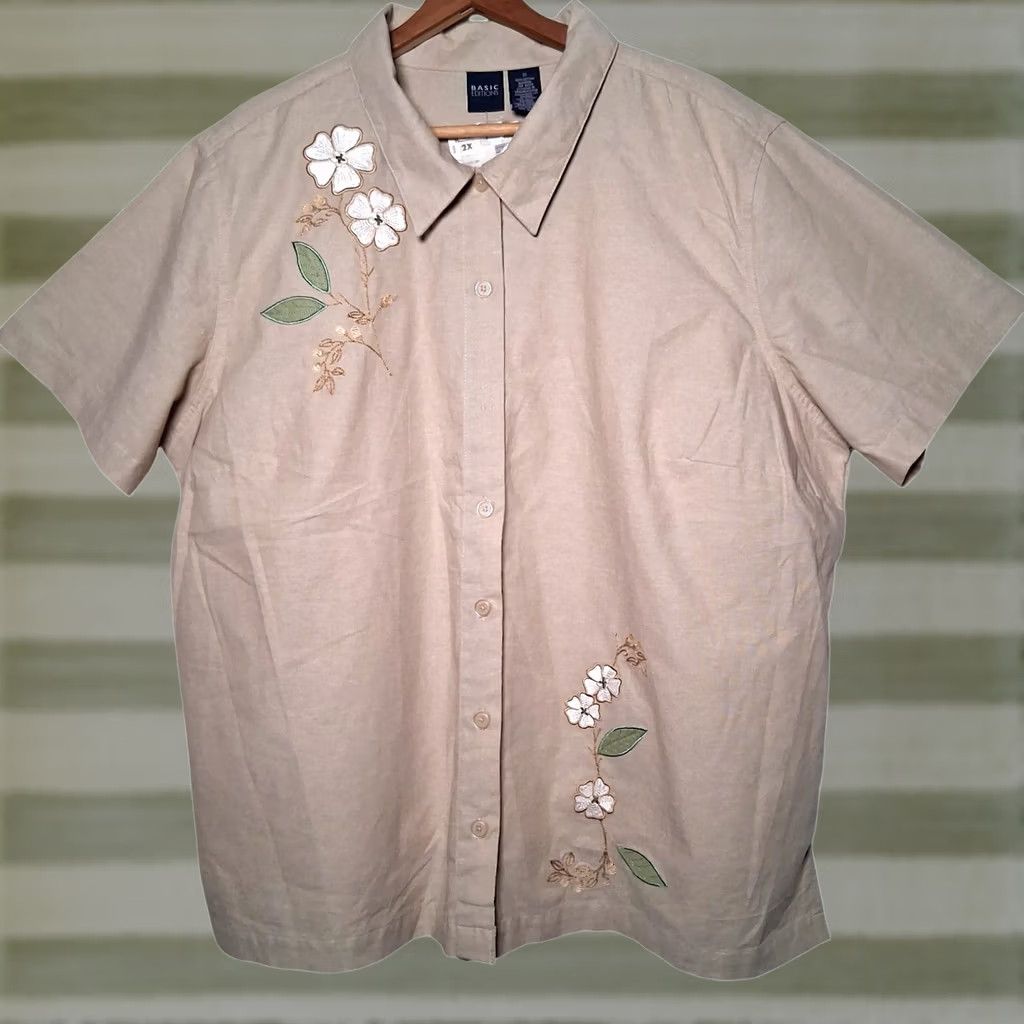 Basic Editions VINTAGE Basic Editions Shirt Plus Size 2X Beige Linen Floral Short Sleeve NEW Size XXL / US 16-18 / IT 52-54 - 1 Thumbnail
