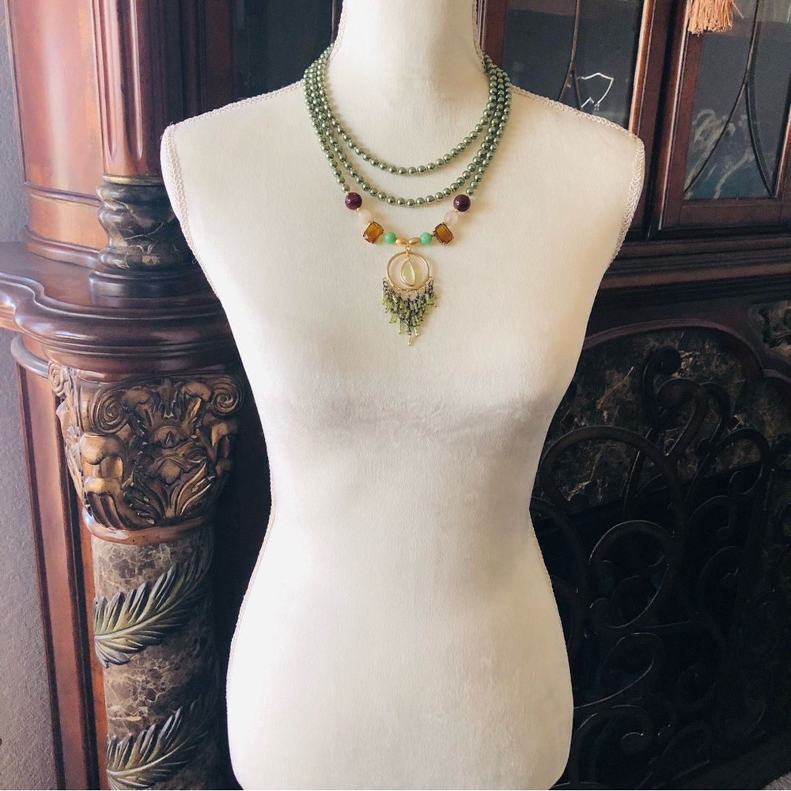 Handmade Handcrafted repurpose opal fringe Czech glass Pearl necklace Size ONE SIZE - 6 Thumbnail