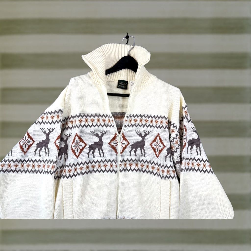 Vintage Scandia Woods Sweater Mens L Ivory Argyle Nordic Deer Mock Neck Full Zip NWOT Size US L / EU 52-54 / 3 - 1 Thumbnail