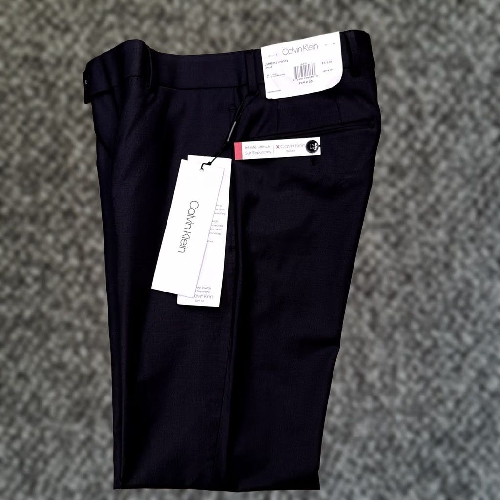 Calvin Klein Calvin Klein Pants Mens 29x30 Black Slim Fit Tapered Flat Front Wool Spandex Stretch Dress Pants Infinite Stretch New Size US 29 - 1 Thumbnail
