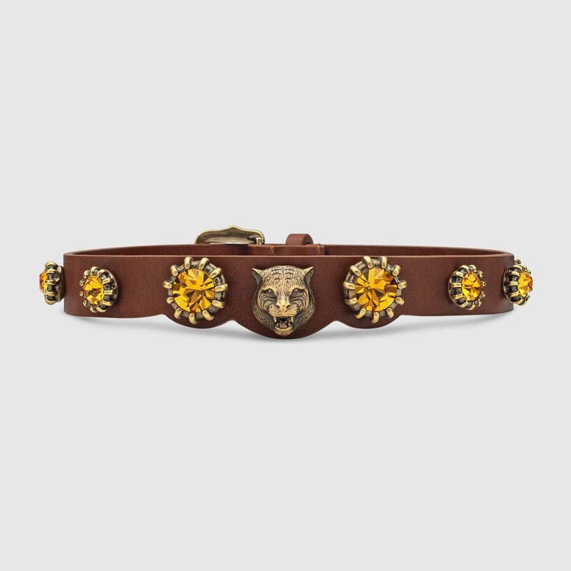Gucci Gucci Feline Head Brown Leather Crystals Choker Necklace Size ONE SIZE - 1 Thumbnail