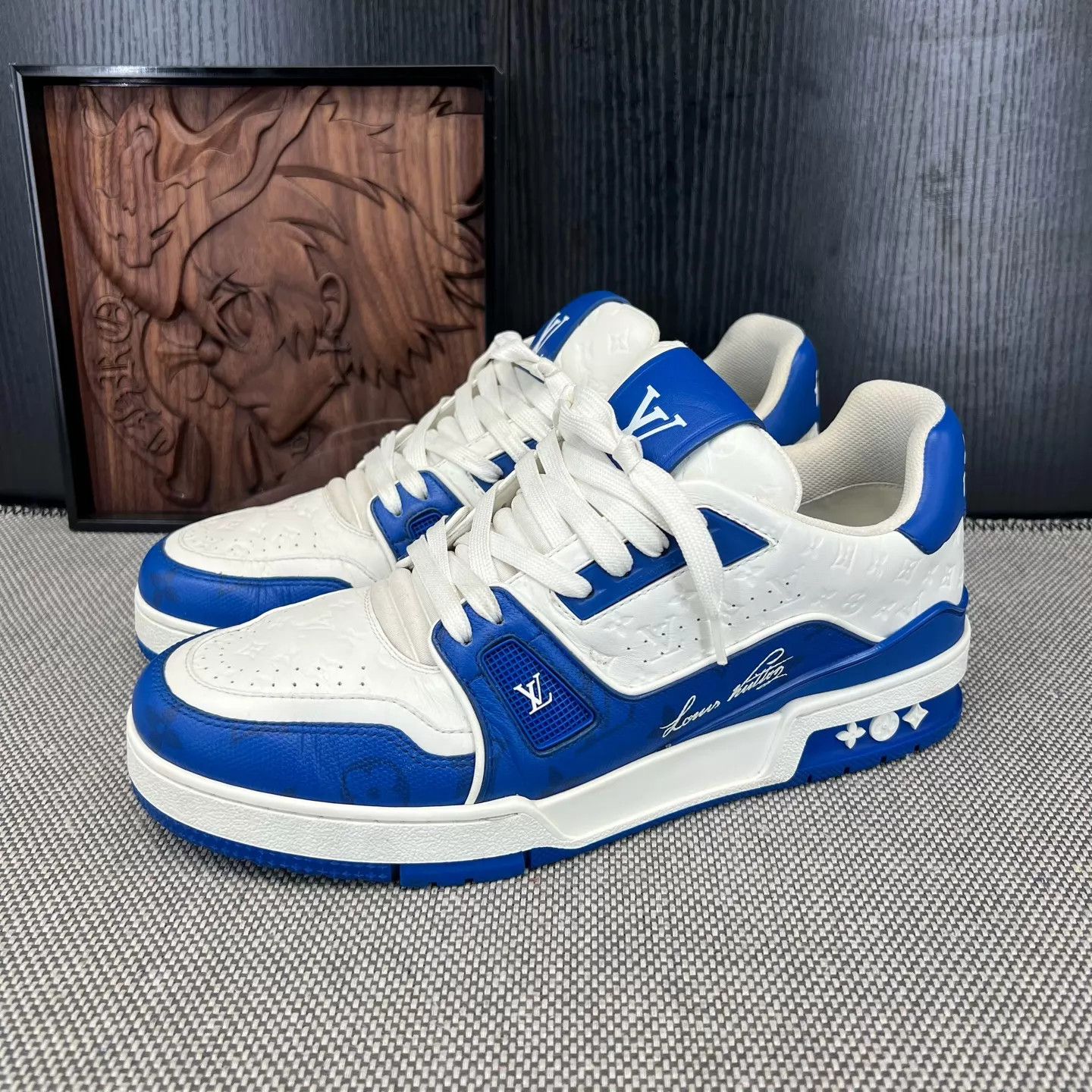 Louis Vuitton LV Trainer White/Blue Embossed 7.5/41.5 LN Box Size US 8.5 / EU 41-42 - 1 Thumbnail