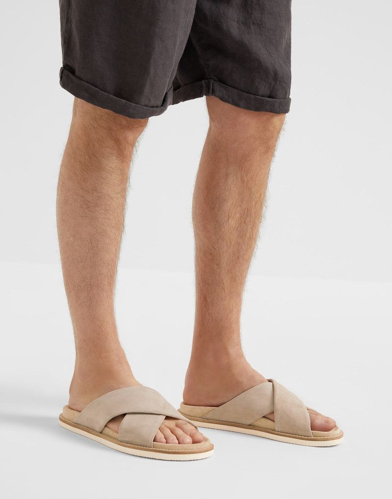 Brunello Cucinelli o1la1rc1a0326 Washed Suede Cross-Over Slides Slippers Beige Size US 10 / EU 43 - 2 Thumbnail