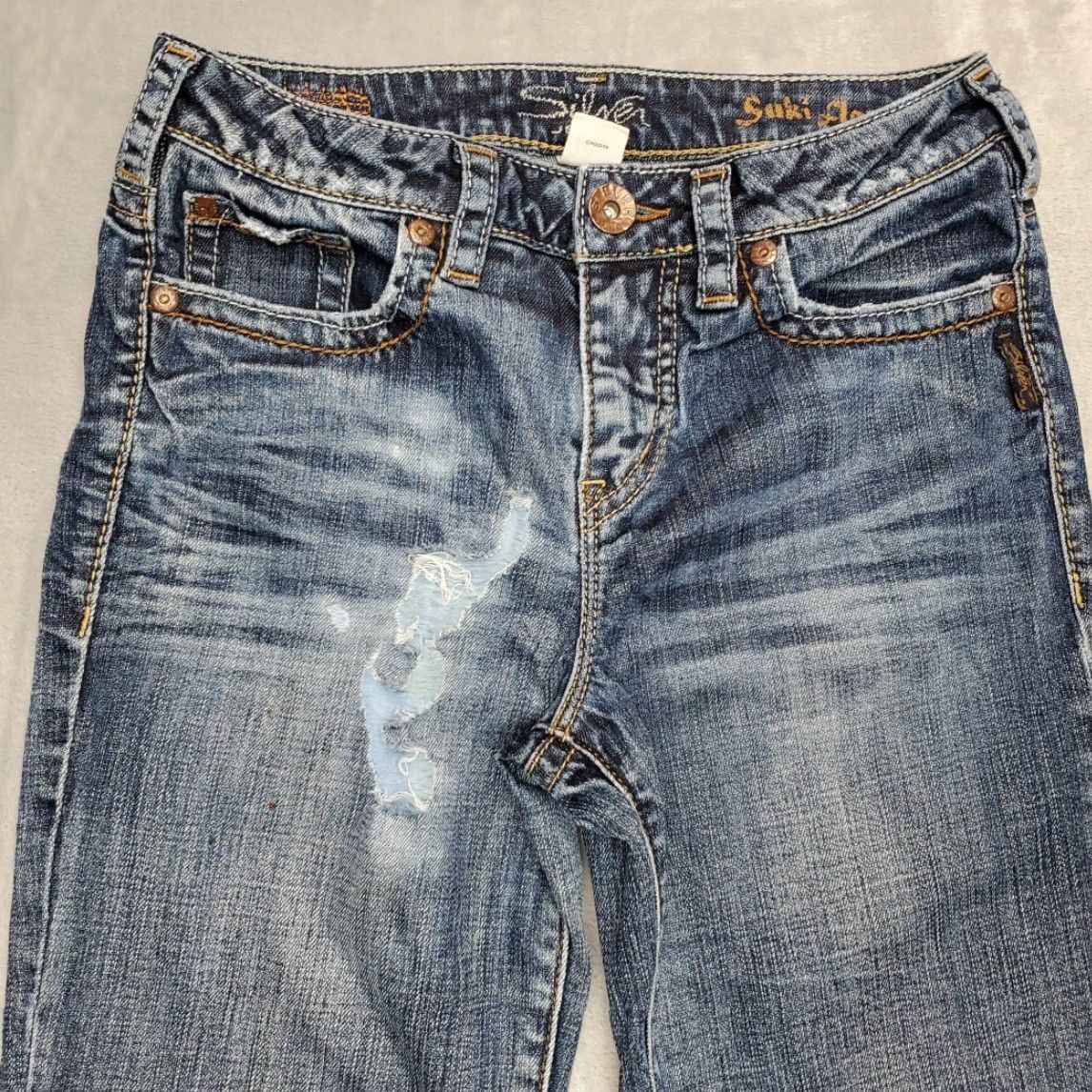 Silver Jeans Co. VINTAGE Silver Jeans Womens Jeans Flared 28x35 Blue Denim Distressed Suki Thick Stitch USA Adults Womens Size 28" / US 6 / IT 42 - 3 Thumbnail