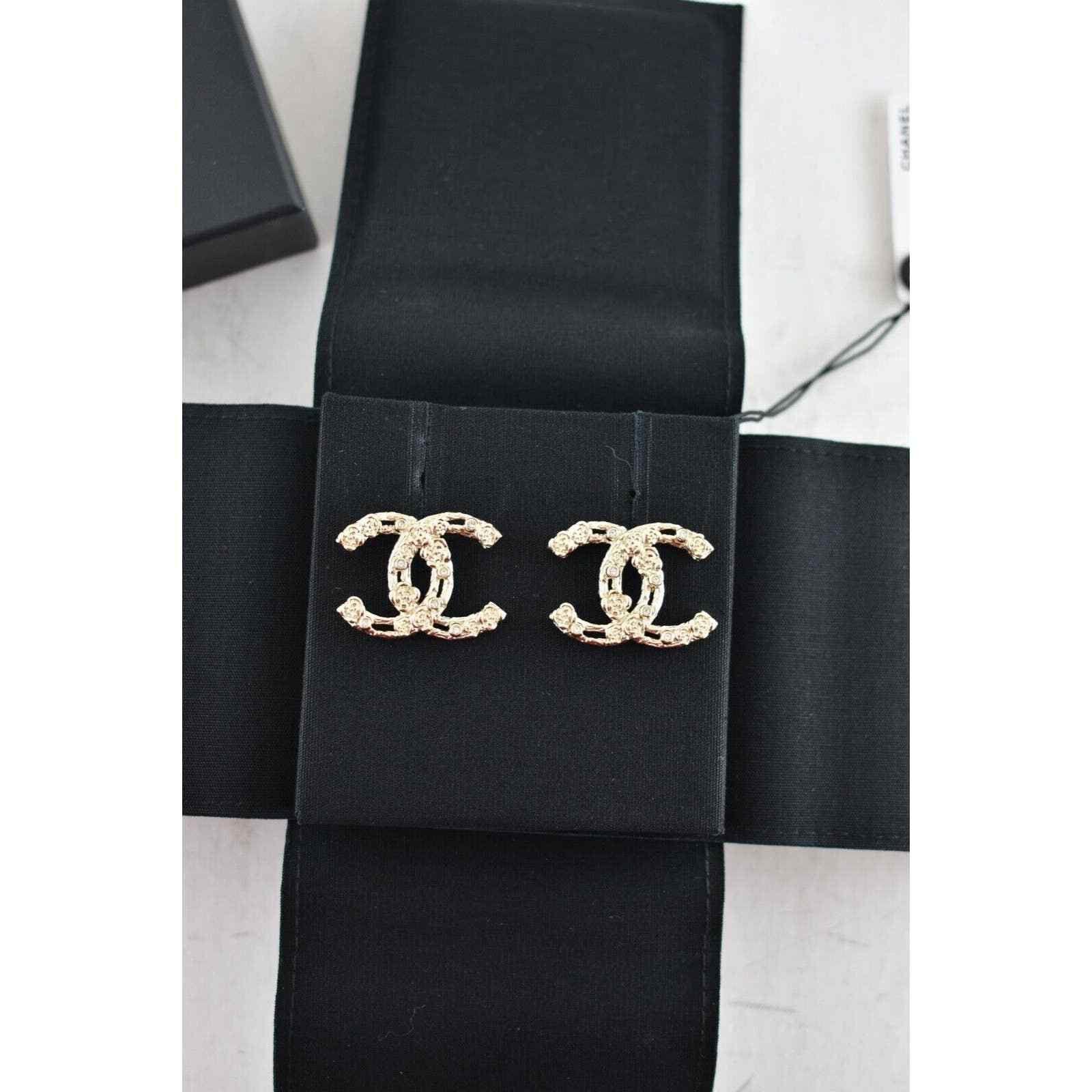 Chanel Chanel Gold Crystal Camellia Statement Drop Stud Earrings Size ONE SIZE - 5 Thumbnail