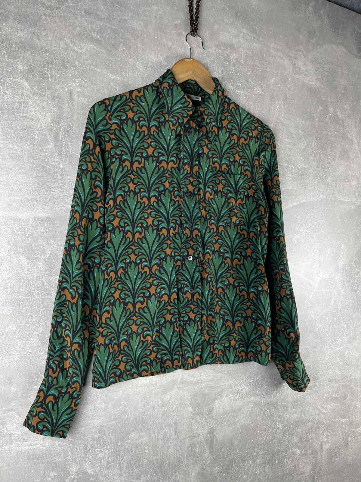 Miu Miu Miu Miu 100% SILK Baroque Print Button Up Shirt Green Brown Size S / US 4 / IT 40 - 3 Thumbnail