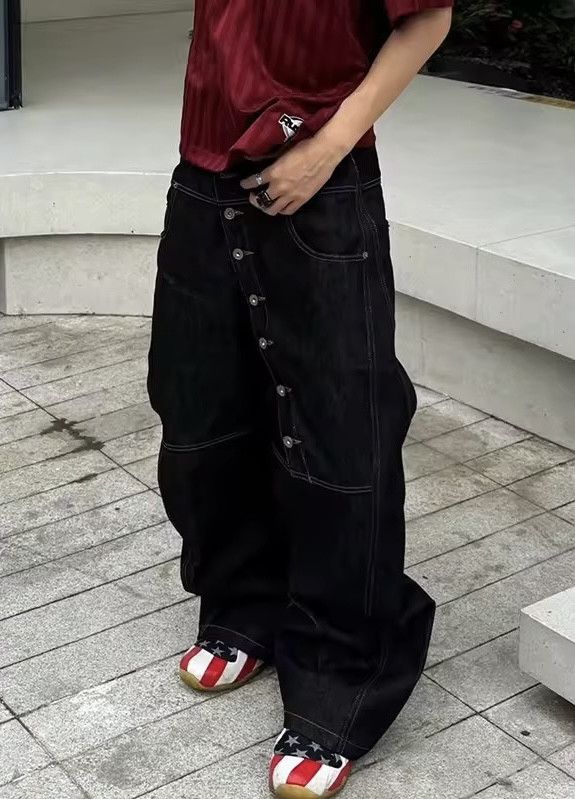 Japanese Brand Curved Long Button Baggy Jean Size US 31 - 4 Thumbnail