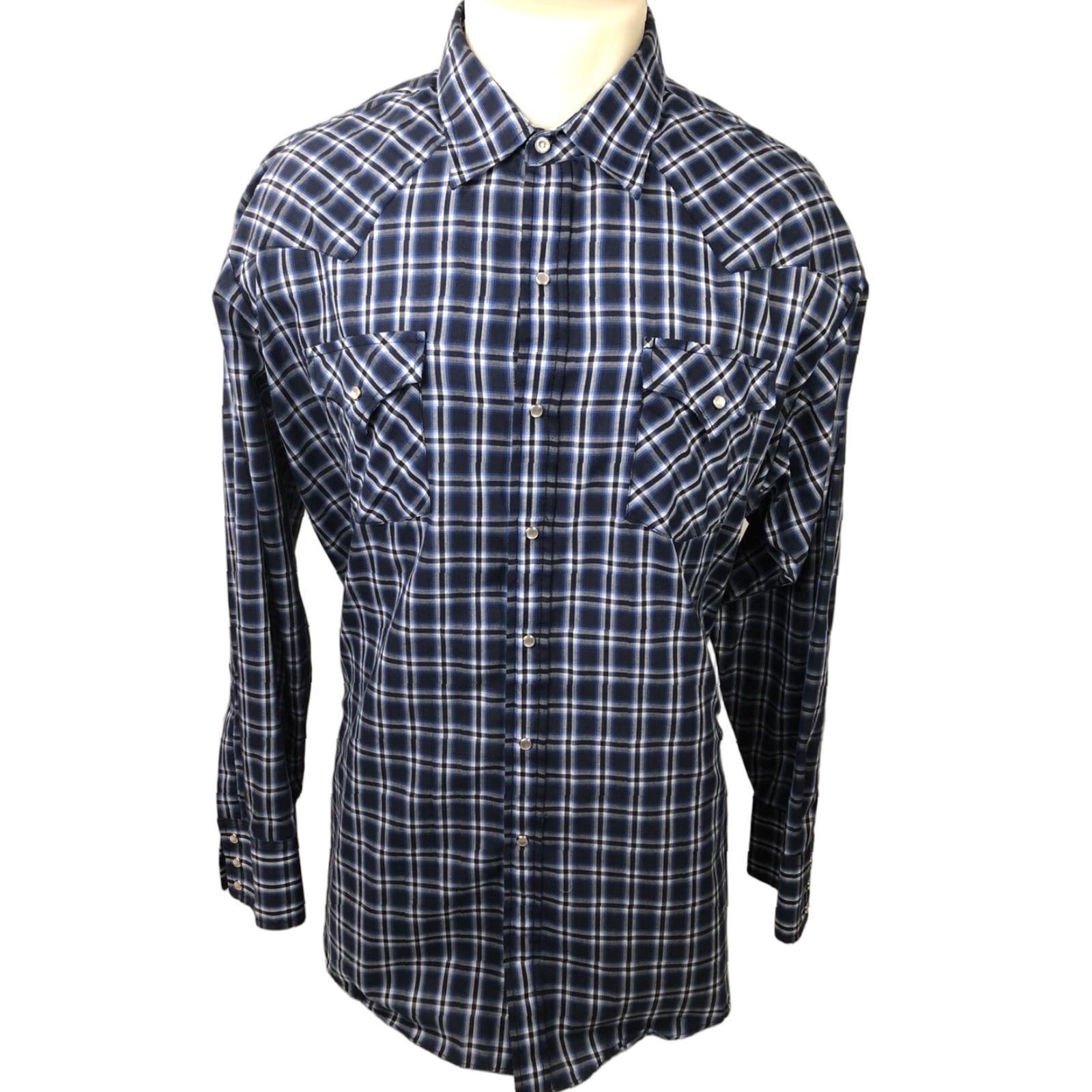Vintage ELY Cattleman - Pearl Snap Western Rockabilly Cowboy Shirt - Blue/White Plaid - 2XL - Cotton - Button-Up - Men Adult Size US XXL / EU 58 / 5 - 1 Thumbnail